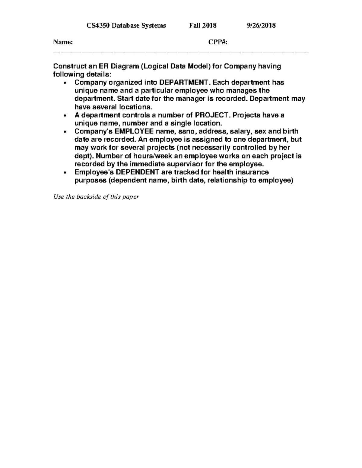 Quiz 9-26-18 - Practice Material - CS4350 Database Systems Fall 2018 9 ...