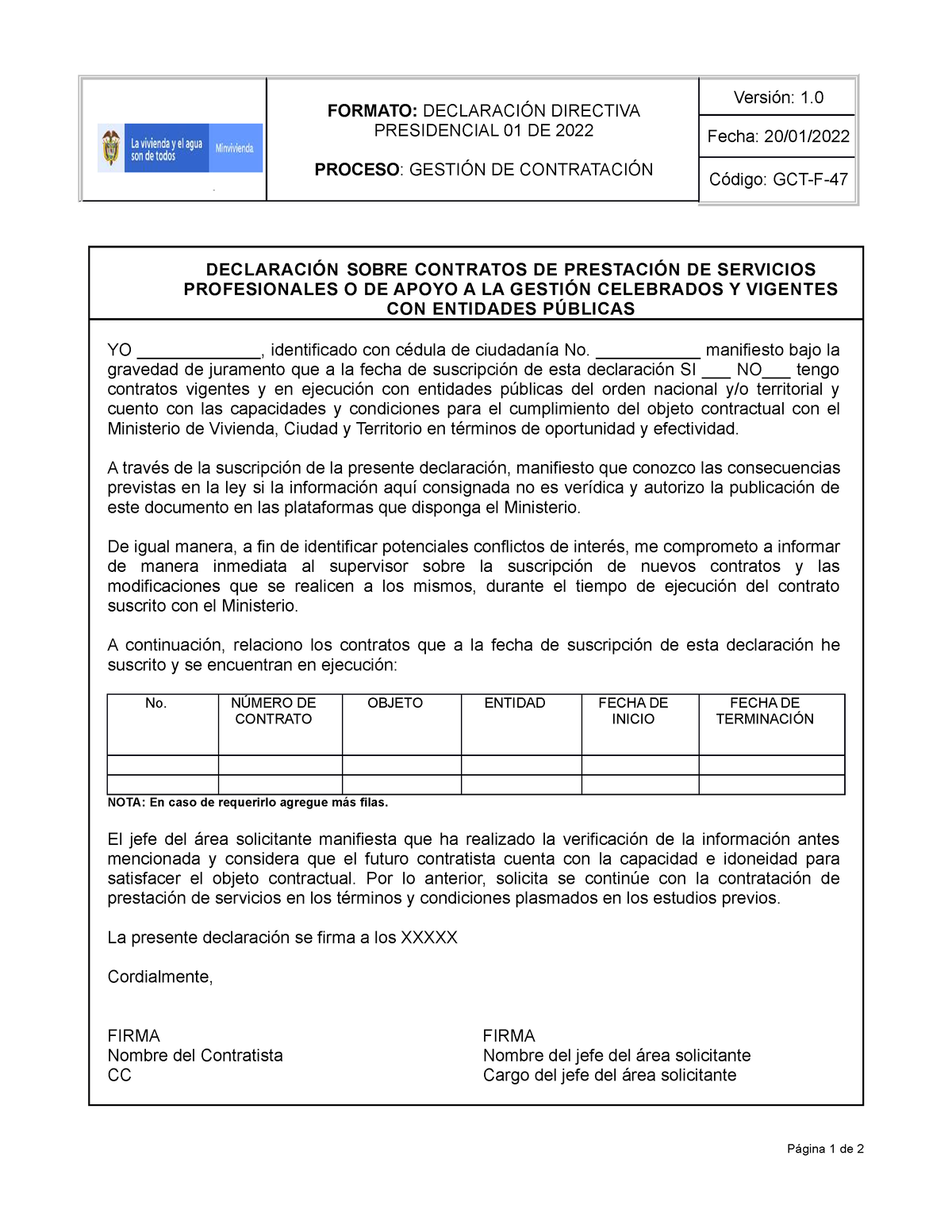 Gct f 47 declaracion directiva presidencial 01 de 2022 FORMATO