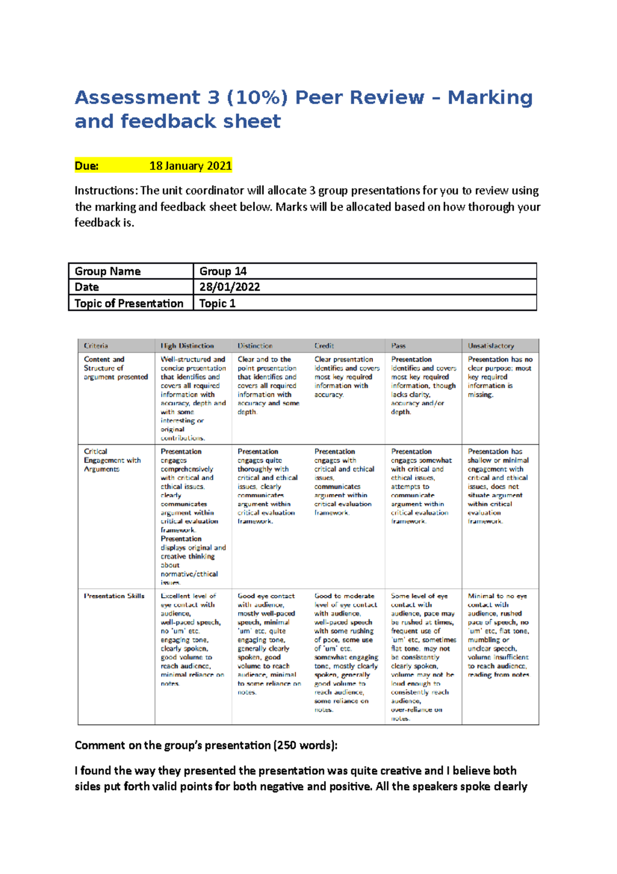 Assessment 3 10% Peer Review Sheet - Assessment 3 (10%) Peer Review ...