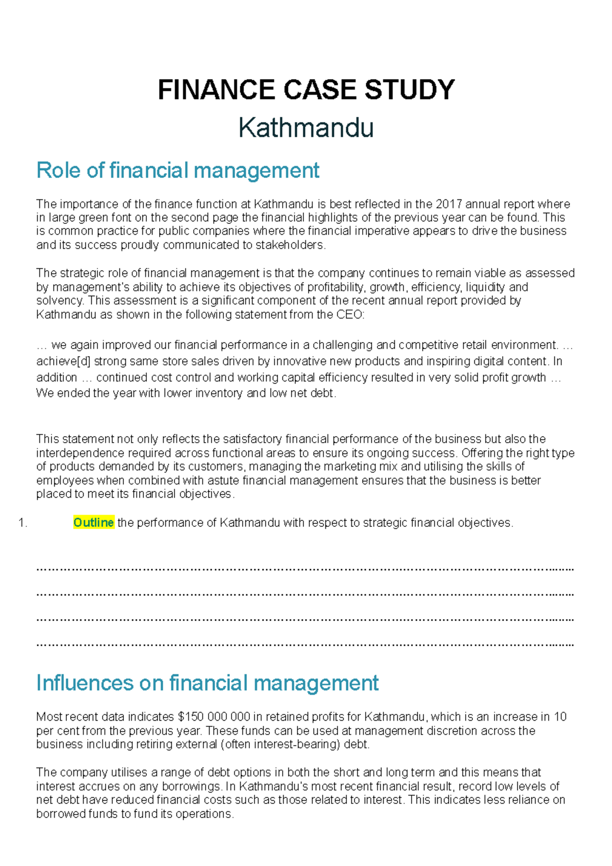 0. Kathmandu Finance Case Study - FINANCE CASE STUDY Kathmandu Role of ...