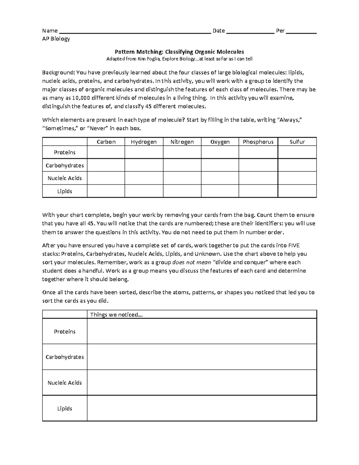 Biomolecules Packet hi llllllll Name Date Per AP Biology Pattern