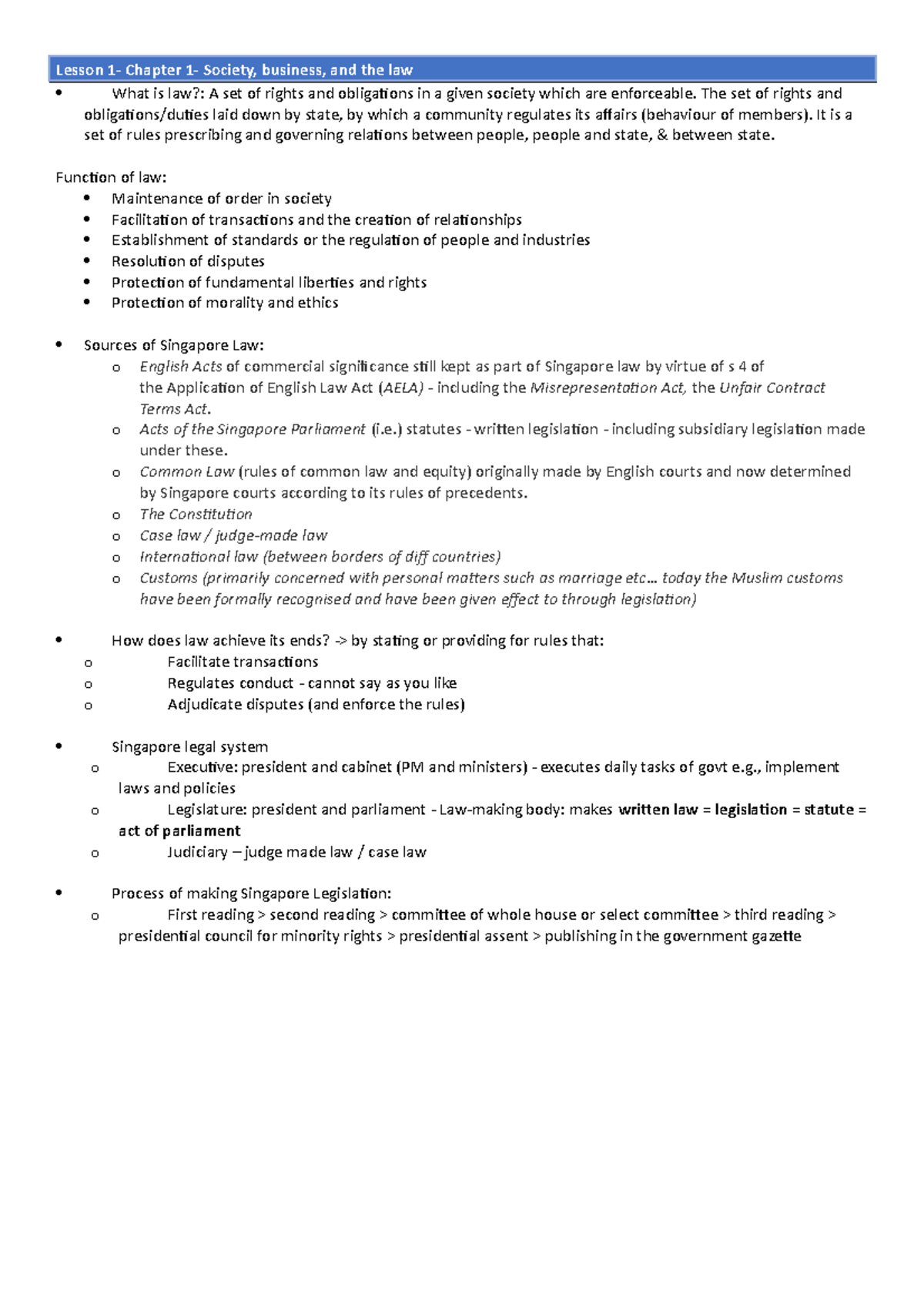 Blaw notes - Lesson 1- Chapter 1- Society, business, and the law What ...