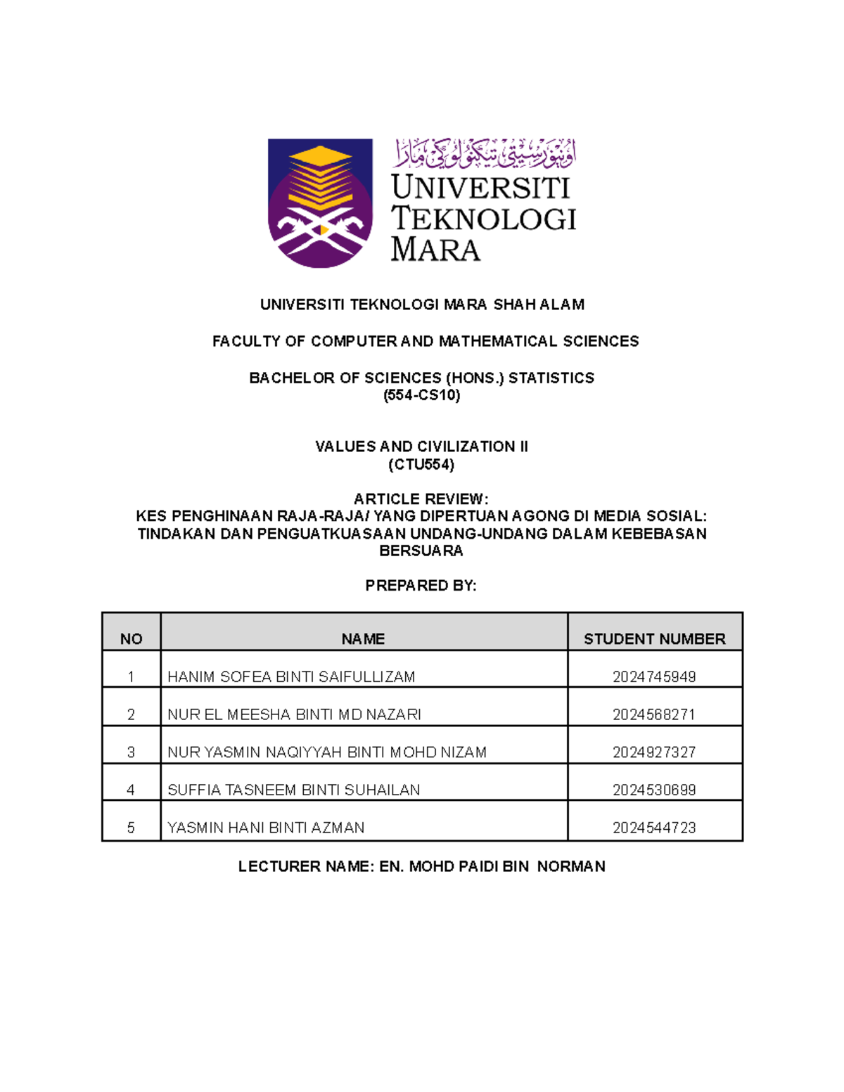 Assignment CTU - UNIVERSITI TEKNOLOGI MARA SHAH ALAM FACULTY OF ...