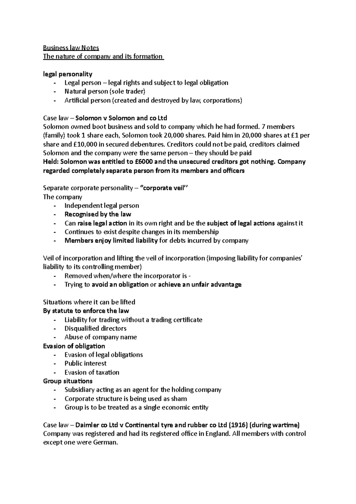 Law exam notes - Business law Notes The nature of company and its ...