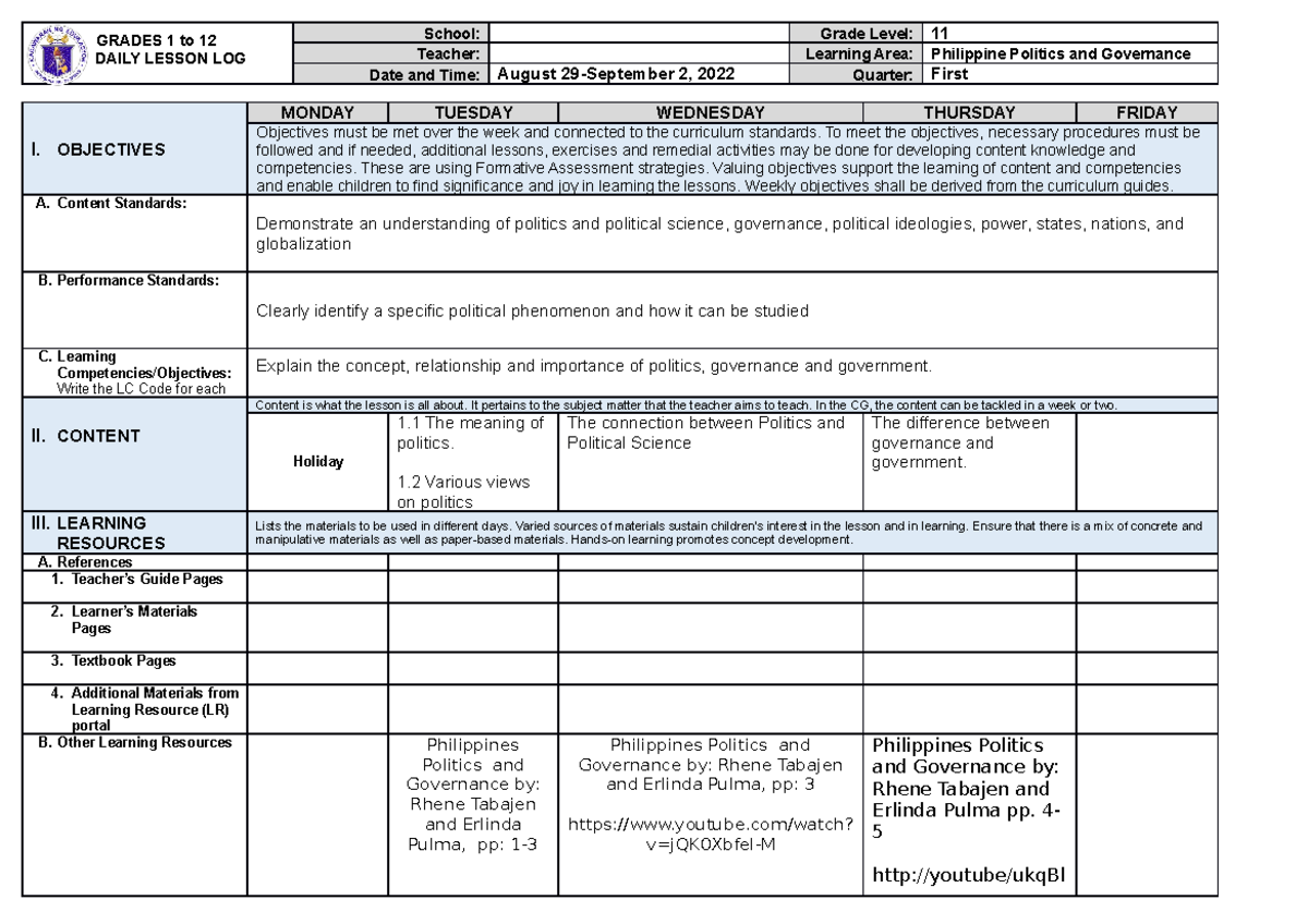 DLL-Politics Week 1 - DLL - GRADES 1 to 12 DAILY LESSON LOG School ...