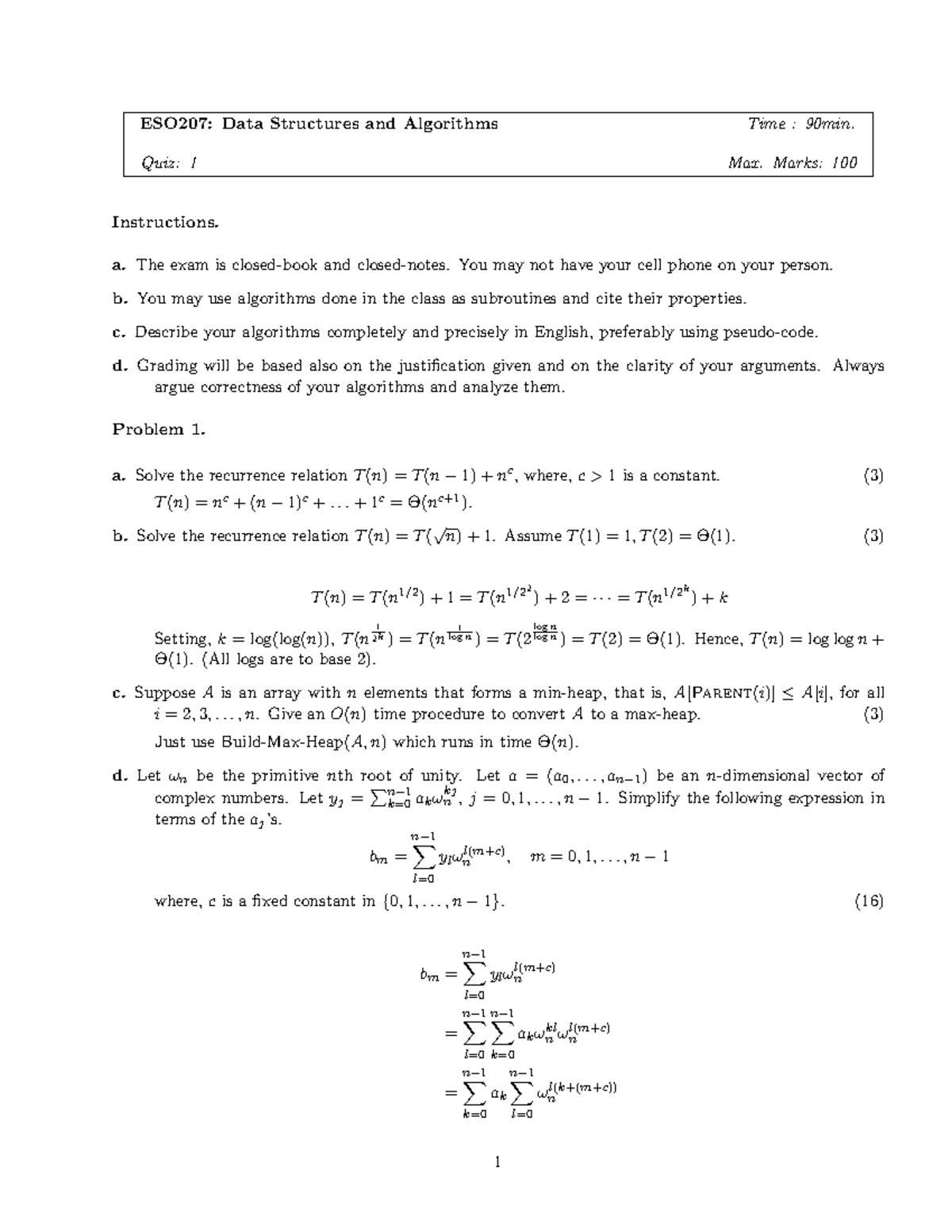 quiz 1 2019-20 sem1 - ESO207: Data Structures and Algorithms Time ...