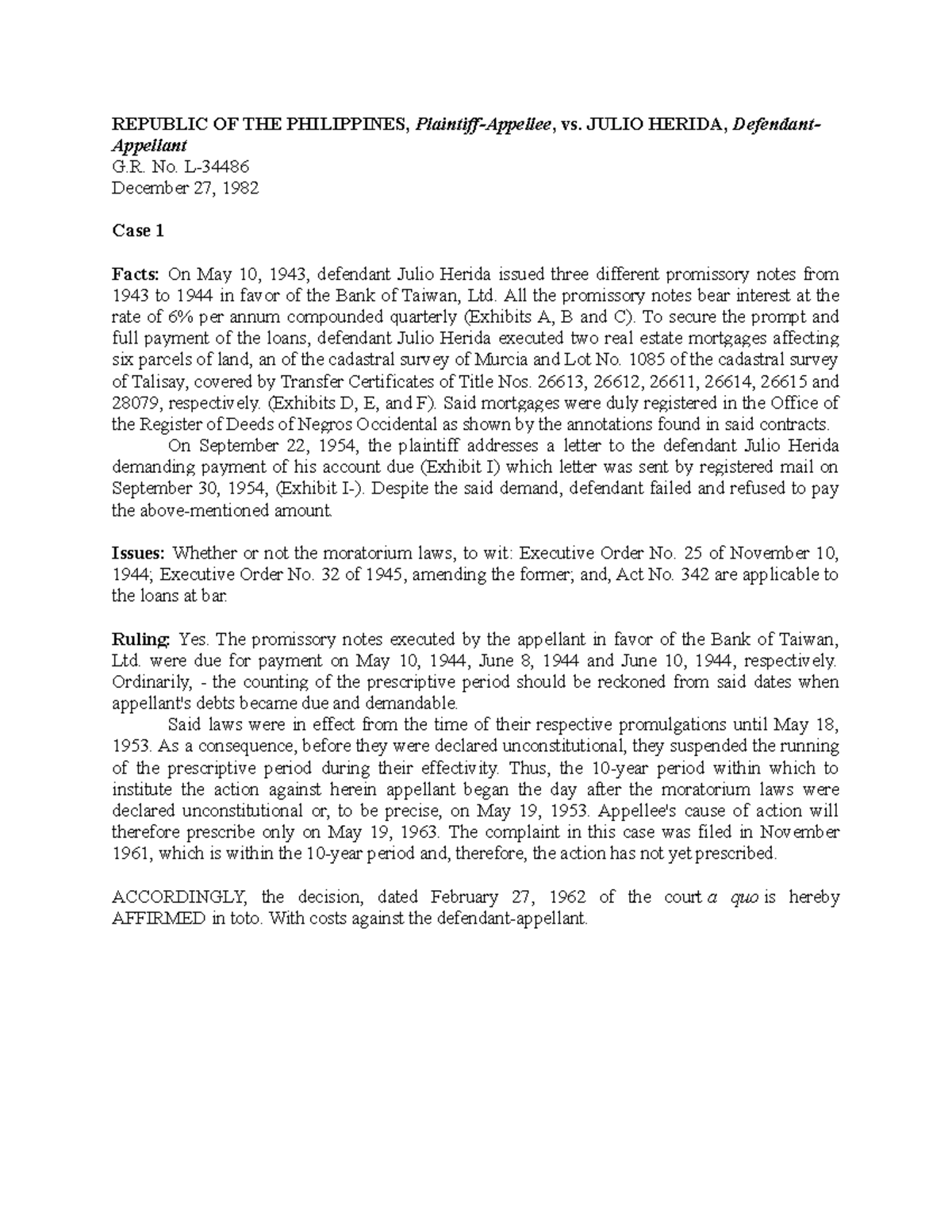 Republic OF THE Philippines, Plaintiff-Appellee, vs. Julio Herida ...