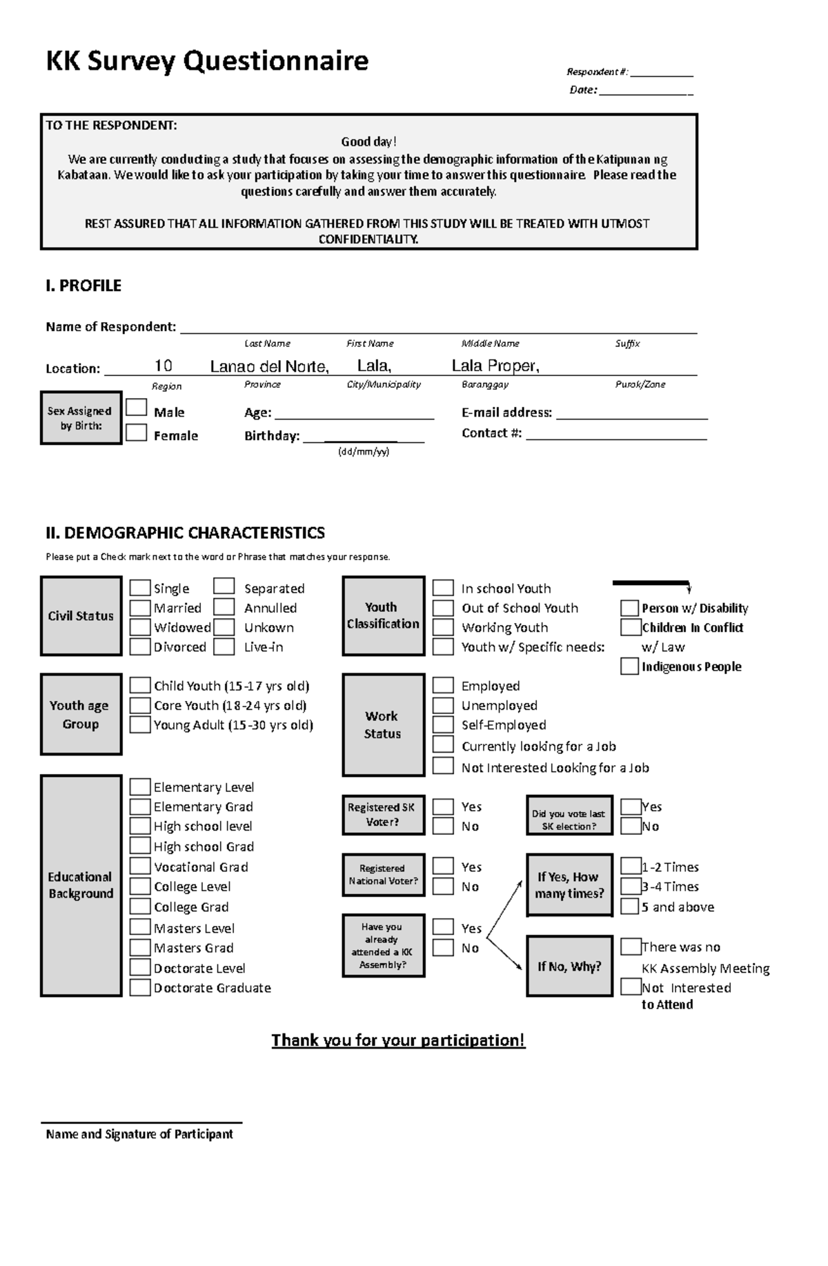 Kk Profiling Form - KK Survey Questionnaire Respondent ...