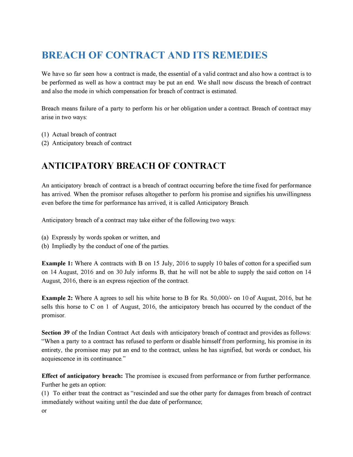 Breach Of Contract - BREACH OF CONTRACT AND ITS REMEDIES We Have So Far ...