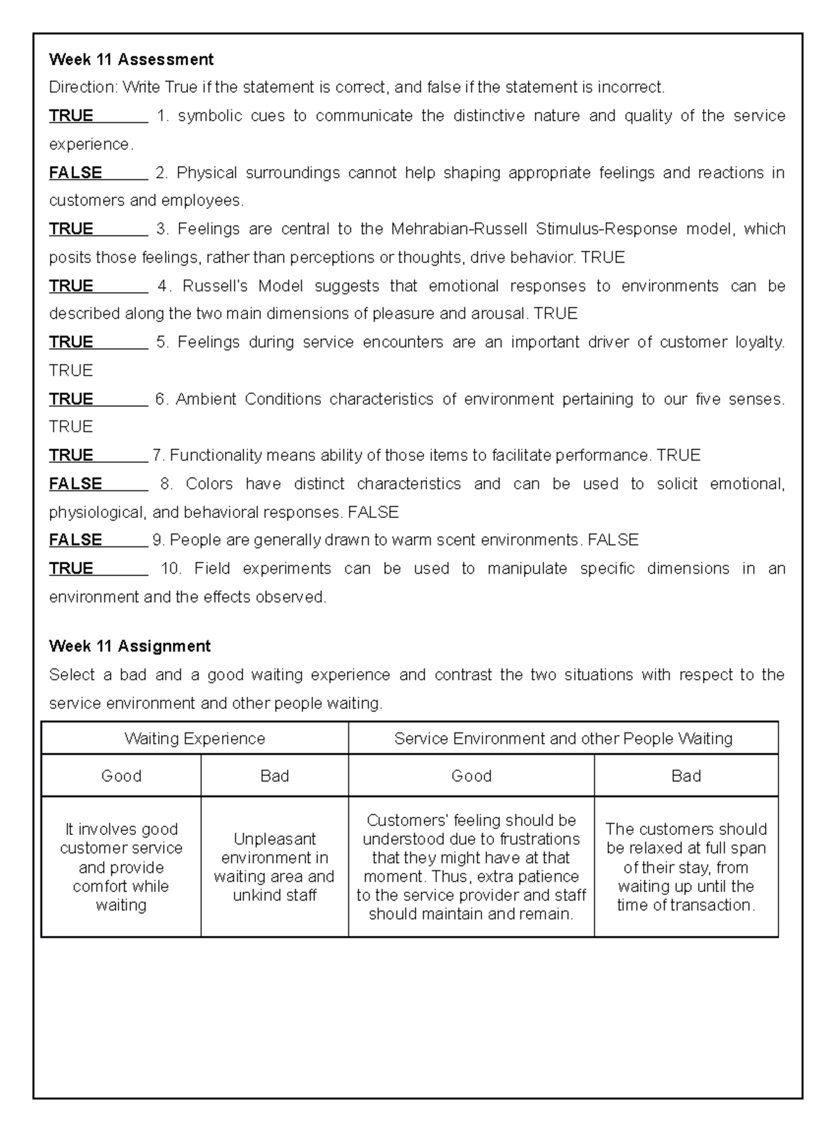 Week 11 - notes - Week 11 Assessment Direction: Write True if the ...