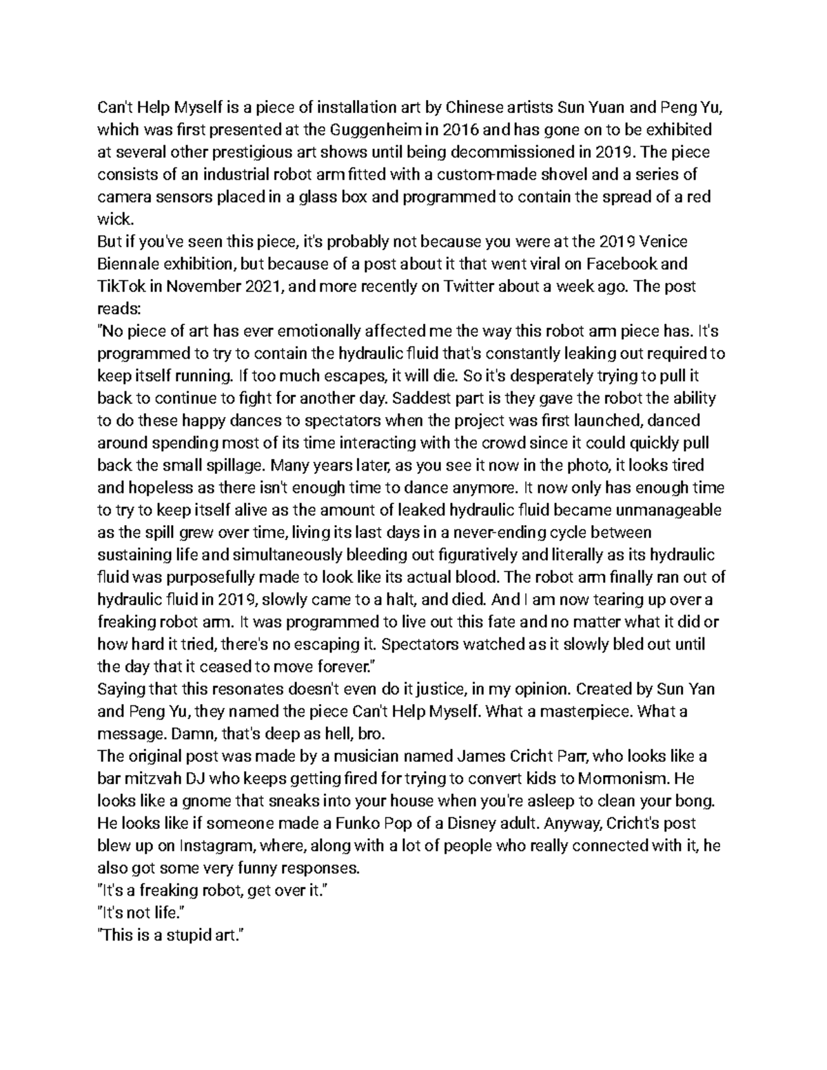 Can't Help Myself Transcript Can't Help Myself is a piece of