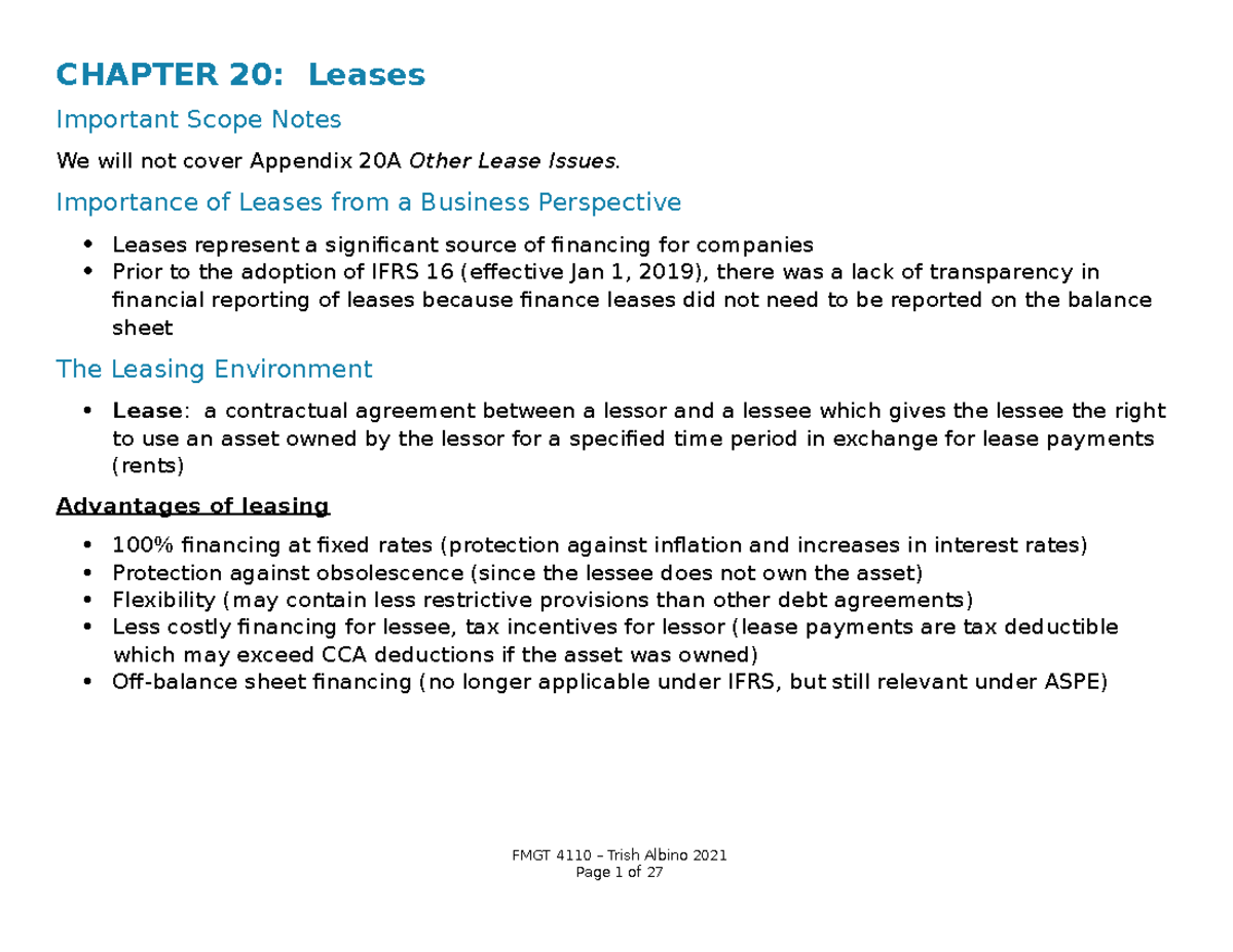 Chapter 20 Lecture Notes (TA 2021) - Leases - CHAPTER 20: Leases ...