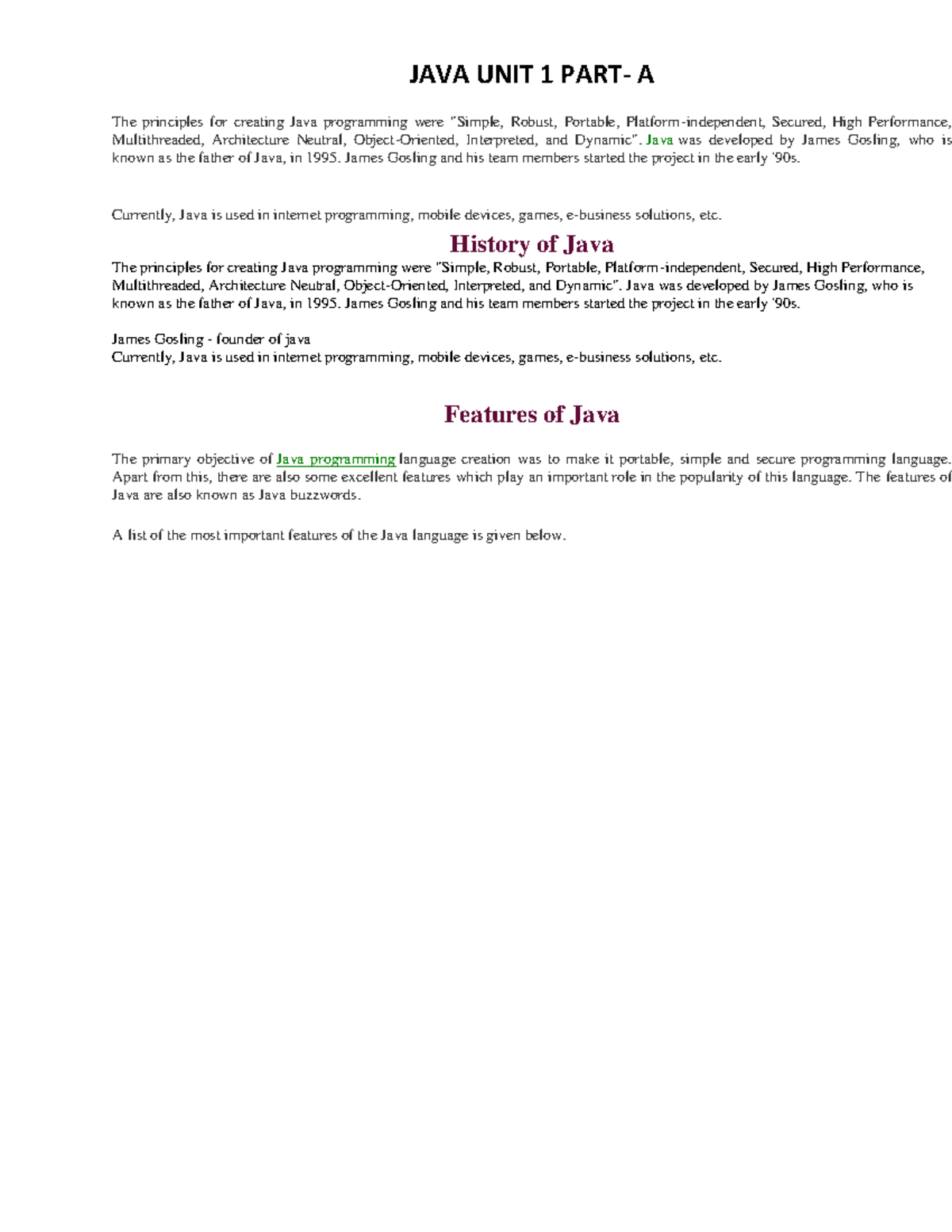 Java unit1 Part A - good notes - The principles for creating Java ...