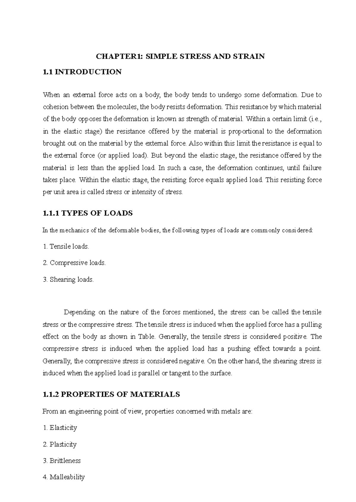 Strength of Materials - CHAPTER1: SIMPLE STRESS AND STRAIN 1 ...