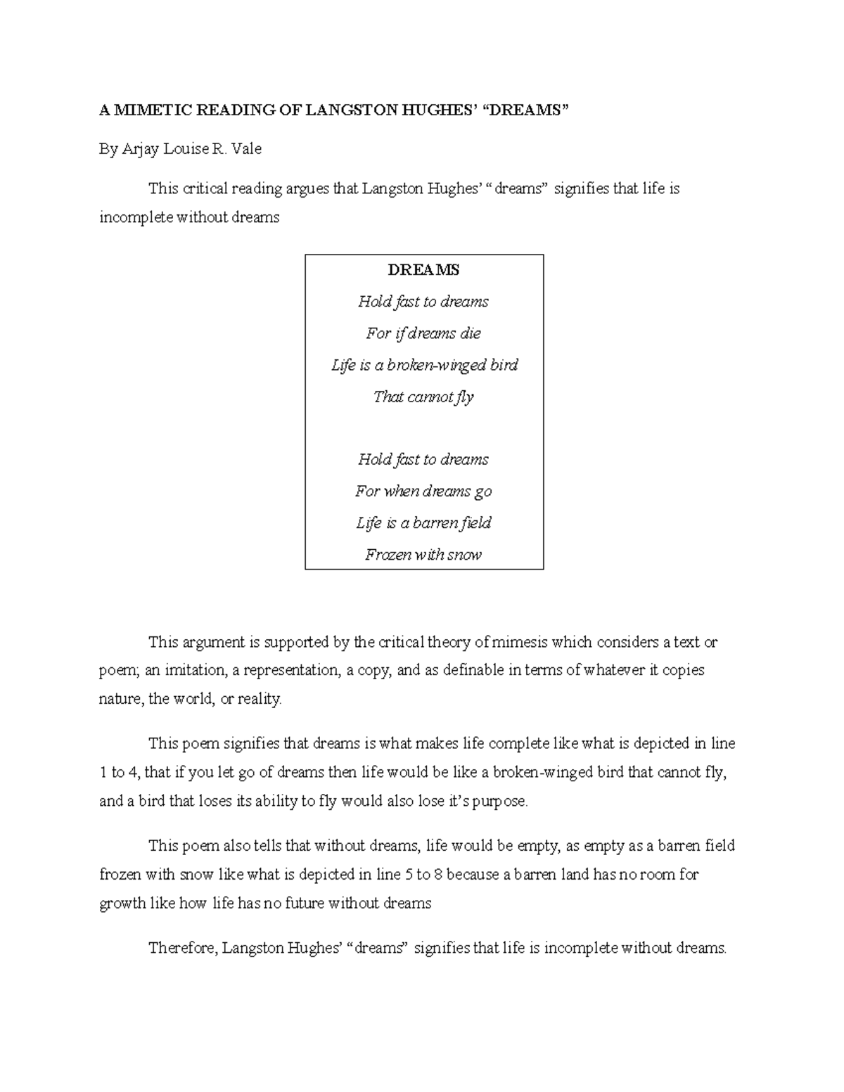 All literary criticism - A MIMETIC READING OF LANGSTON HUGHES’ “DREAMS ...