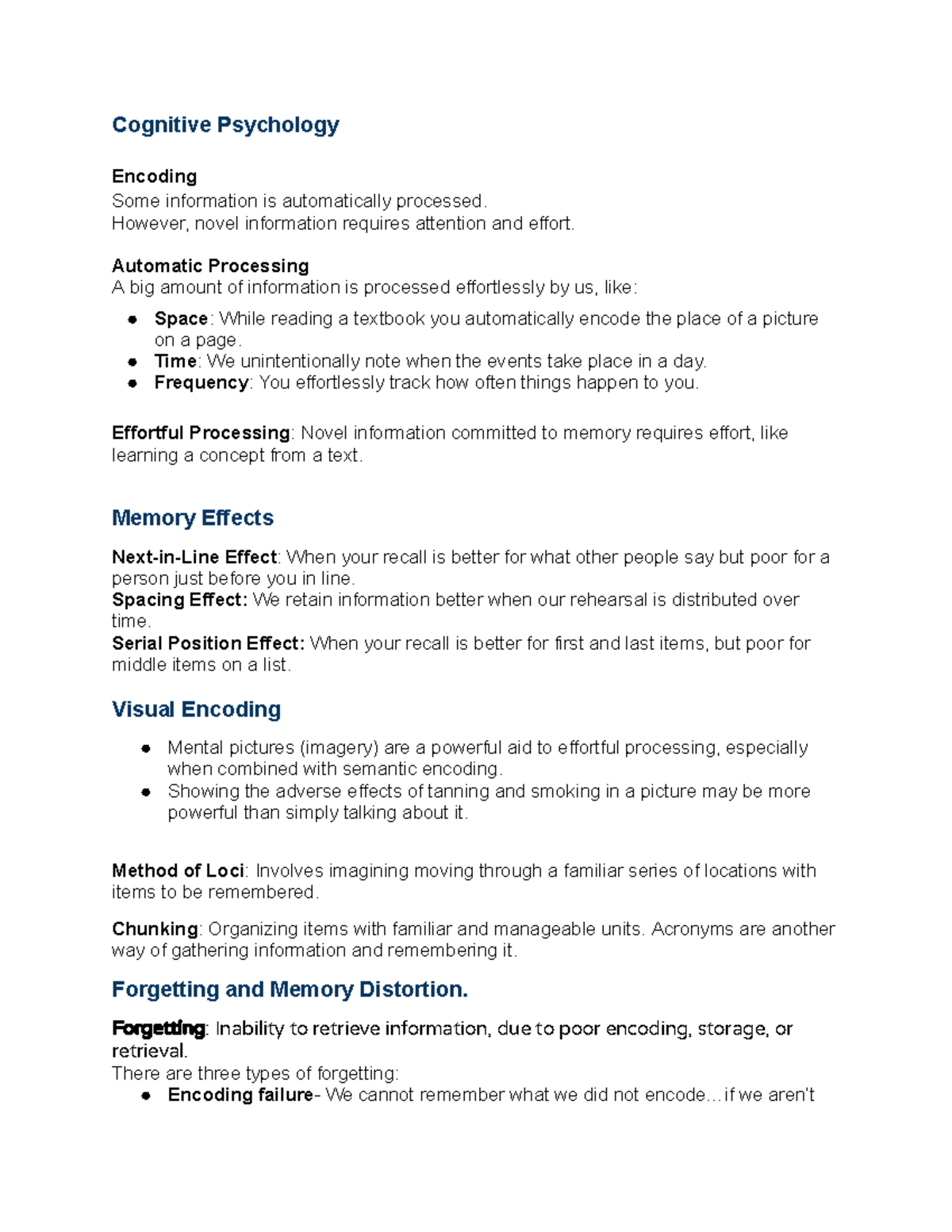 Unit 5 AP Psychology - Cognitive Psychology Encoding Some Information ...