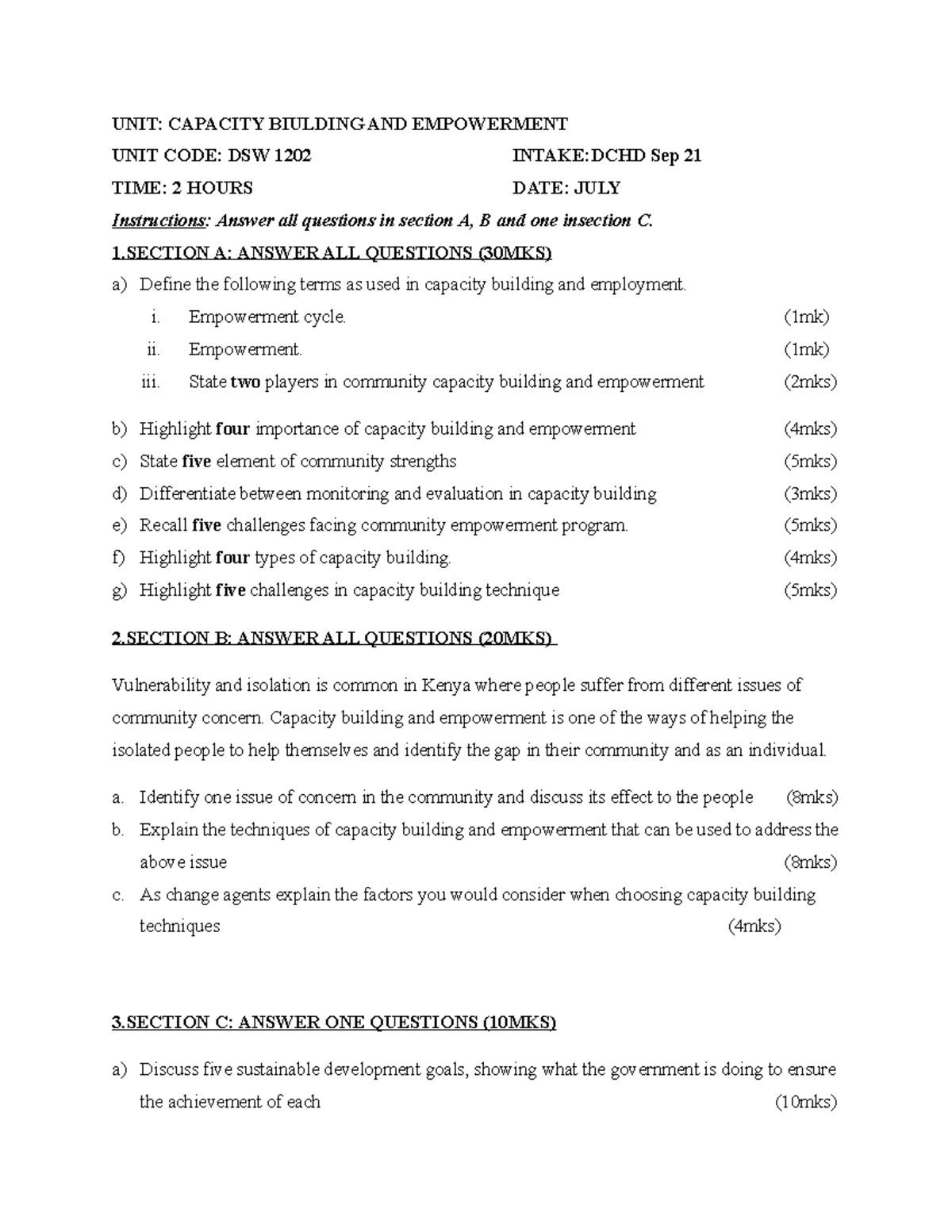 Capacity building and empowerment exam - UNIT: CAPACITY BIULDING AND ...