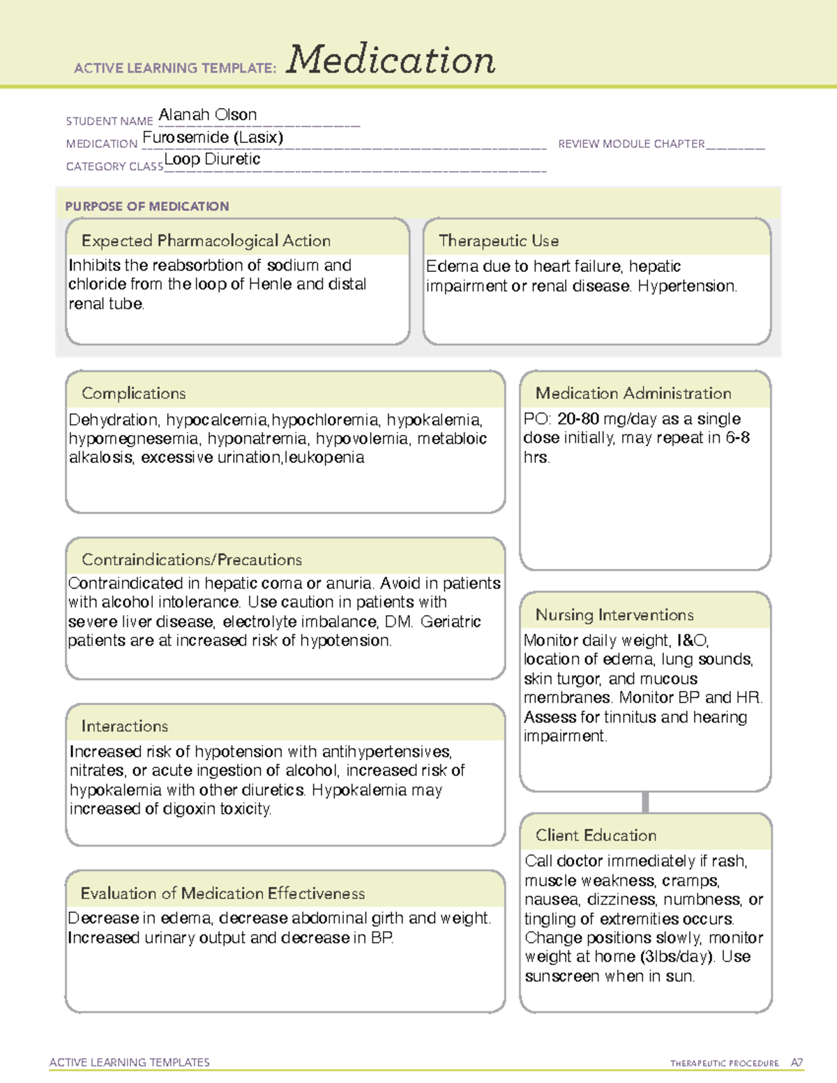 Lasix drug card ACTIVE LEARNING TEMPLATES TherapeuTic procedure A