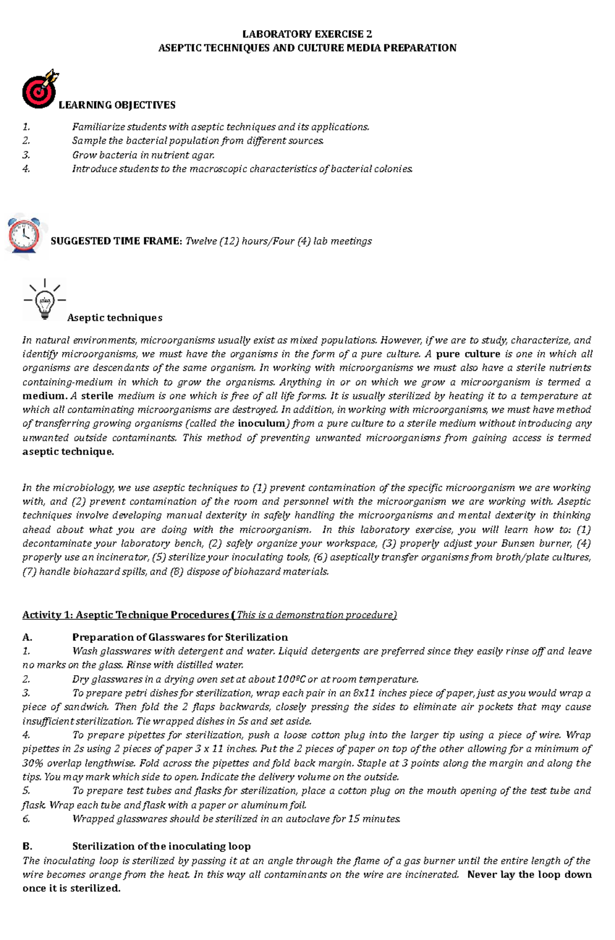 Laboratory Exercise2 LABORATORY EXERCISE 2 ASEPTIC TECHNIQUES AND CULTURE MEDIA PREPARATION