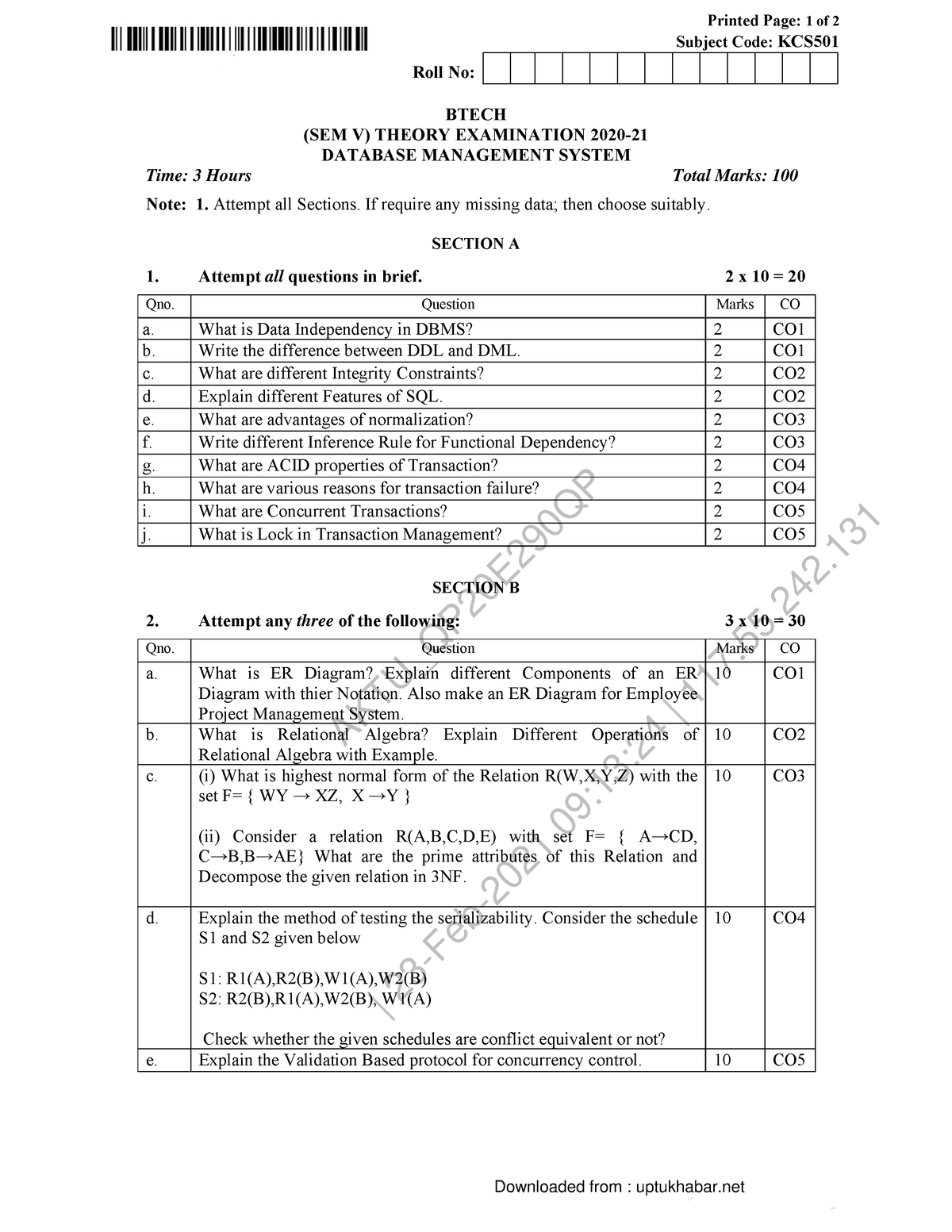 Database Management System KCS 501 2020 - AKTU_QP20E290QP | 23-Feb-2021 ...