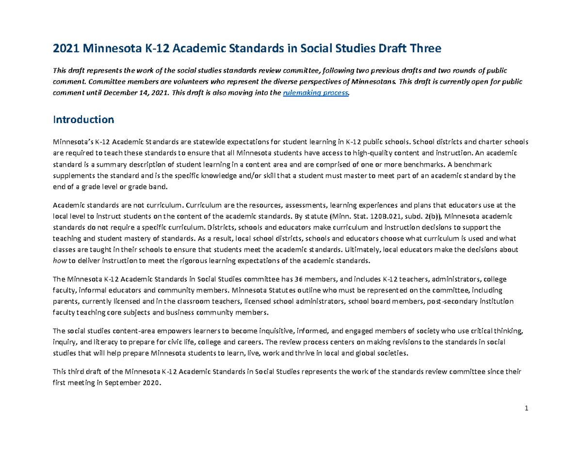 11.15.21 Minnesota Social Studies Standards Draft Three for Public