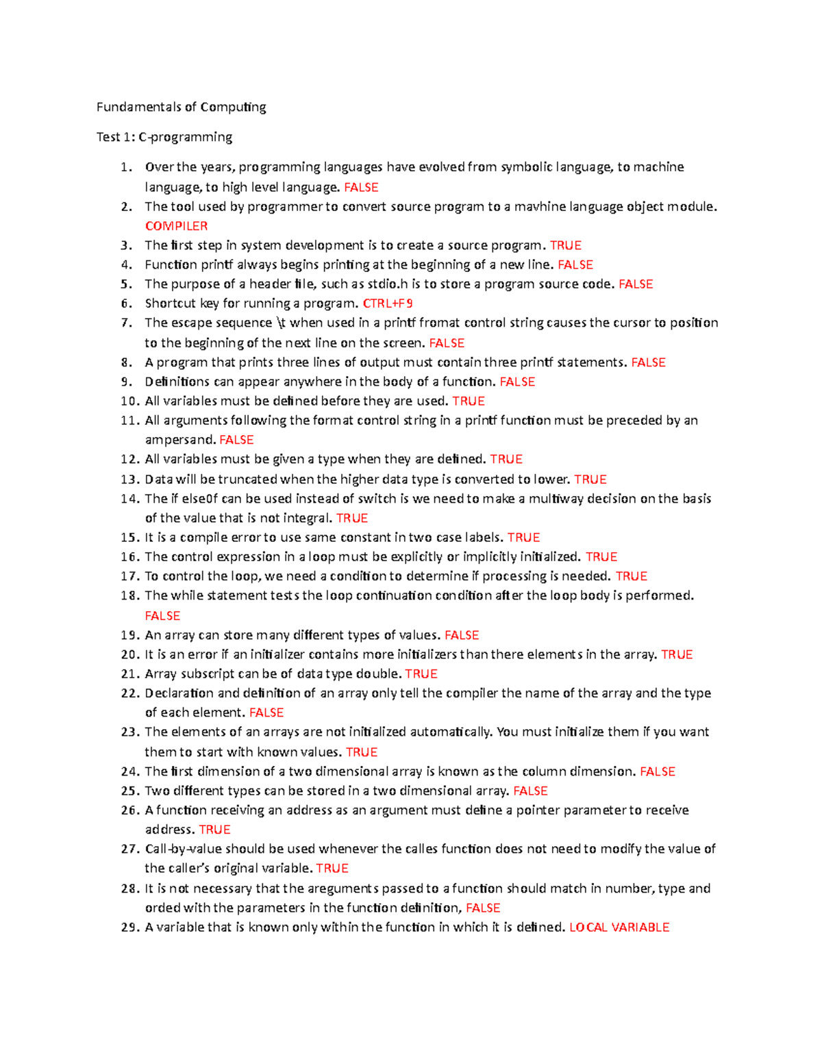 Fundamentals of Computing - Test Questions with Answers(C-programming ...