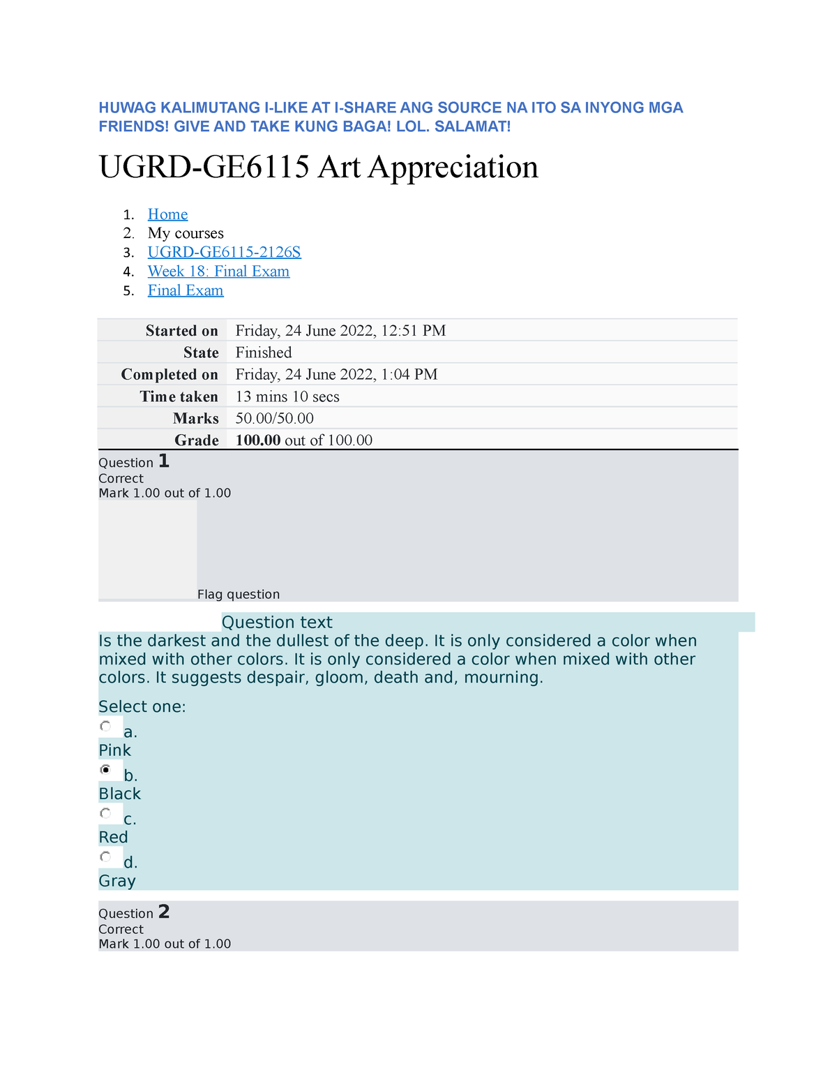 Final Exam - UGRD-GE6115 Art Appreciation - Don't Forget To Like And ...