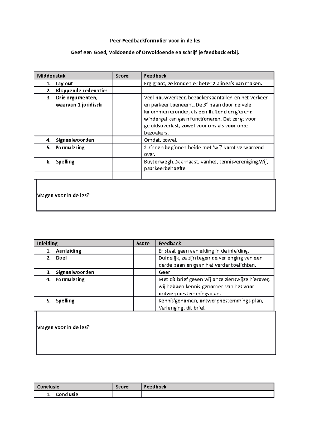Reactie Op Zienswijze - Peer-Feedbackformulier Voor In De Les Geef Een ...