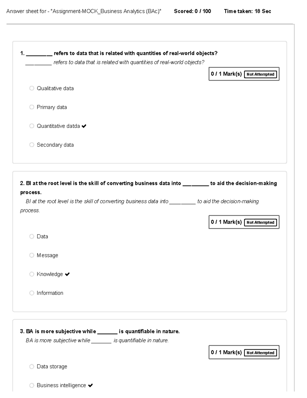 Business Analytics - Answer sheet for - 