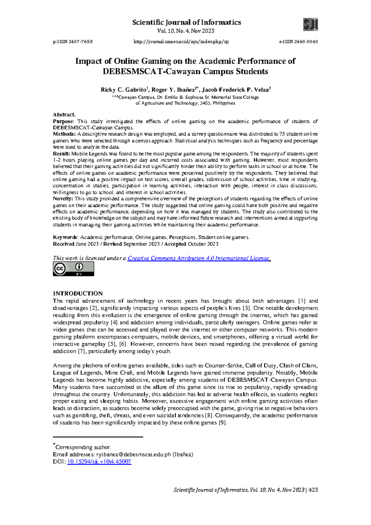 Online Games Paper - A research - Scientific Journal of Informatics Vol ...