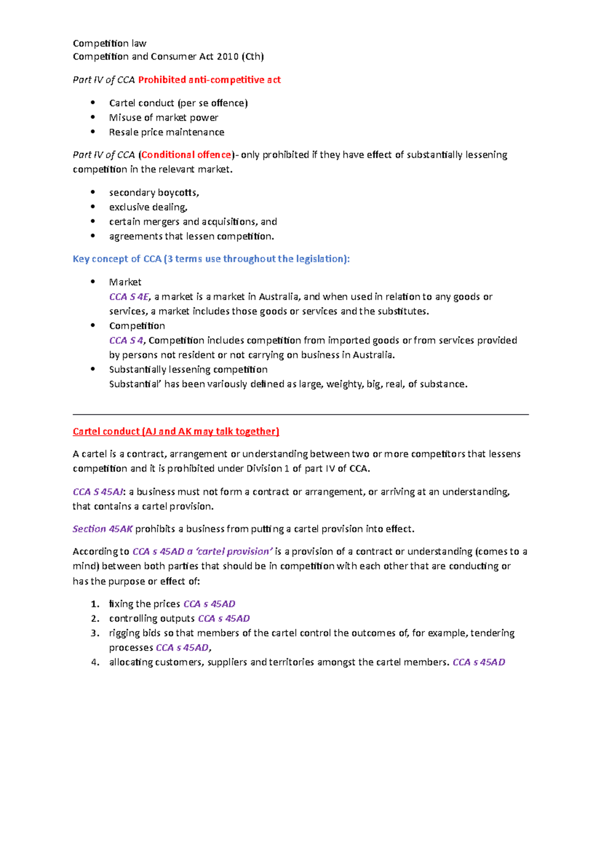 Competition law - Competition and Consumer Act 2010 (Cth) Part IV of ...