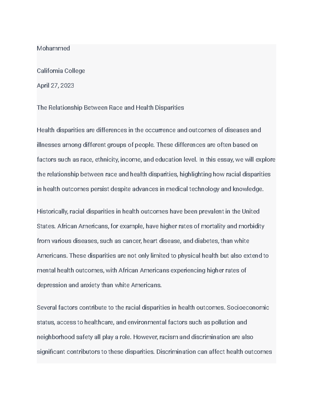 The Relationship Between Race and Health Disparities - Mohammed ...