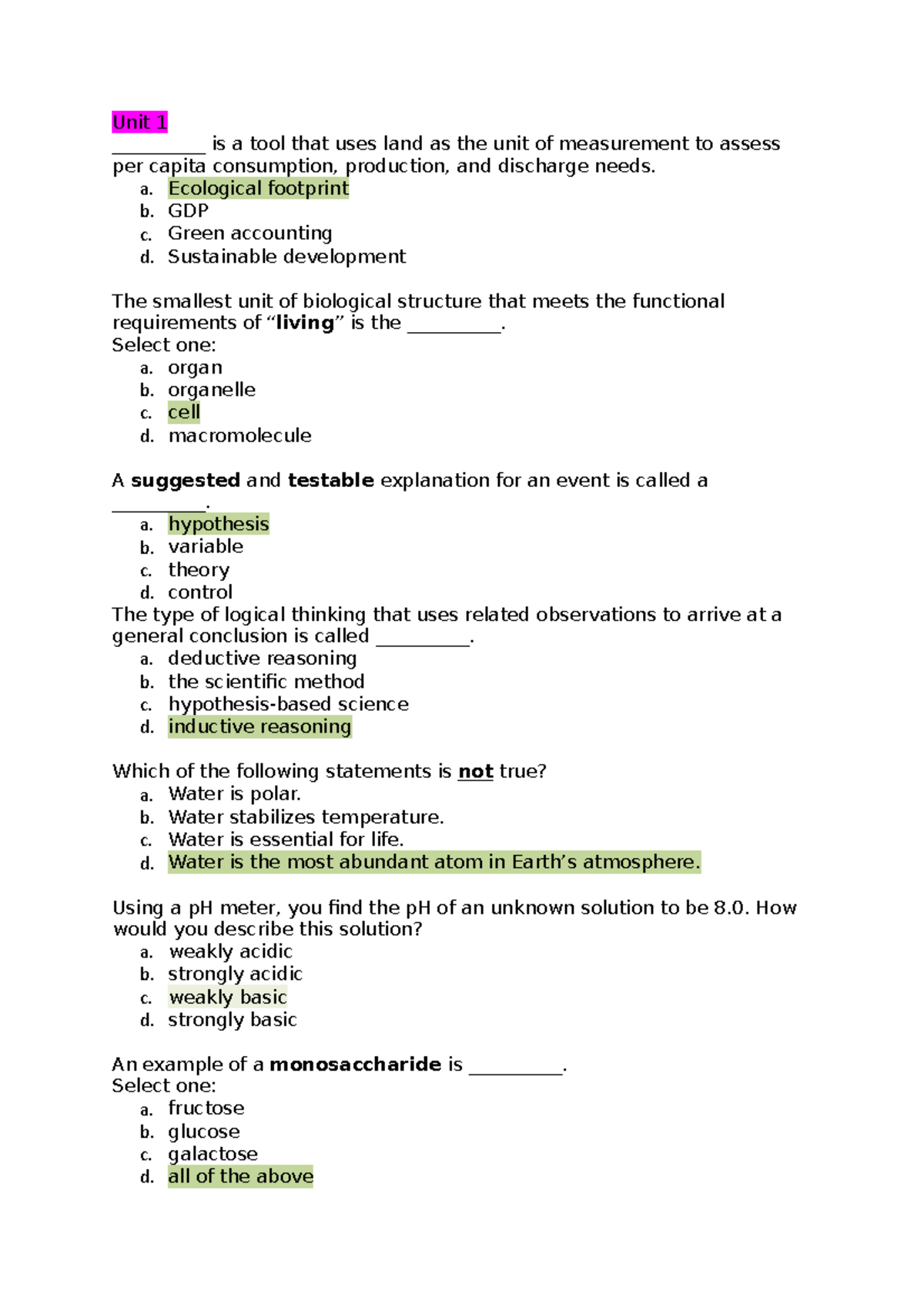 ENVS 1301 Self Quiz Unit 1 - ENVS 1301 - UoPeople - Studocu