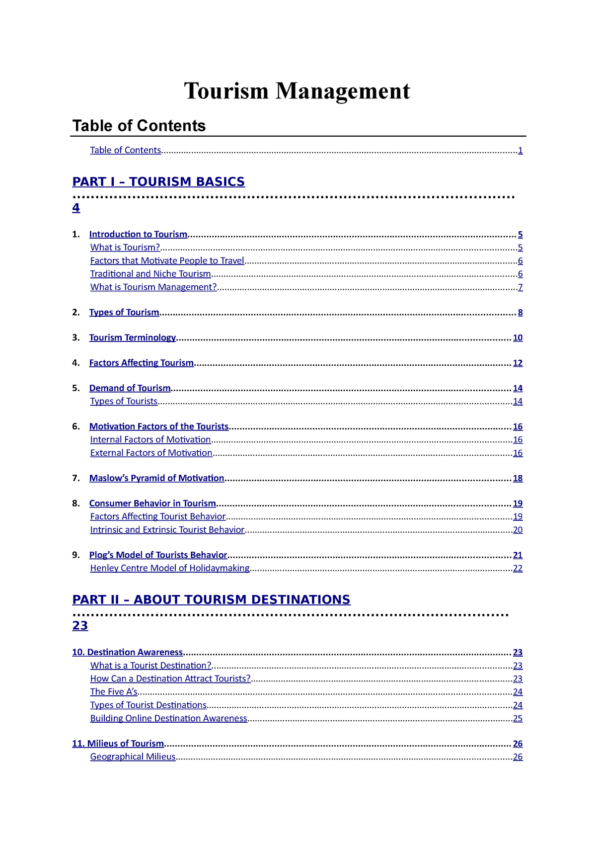 tourism management subjects pdf