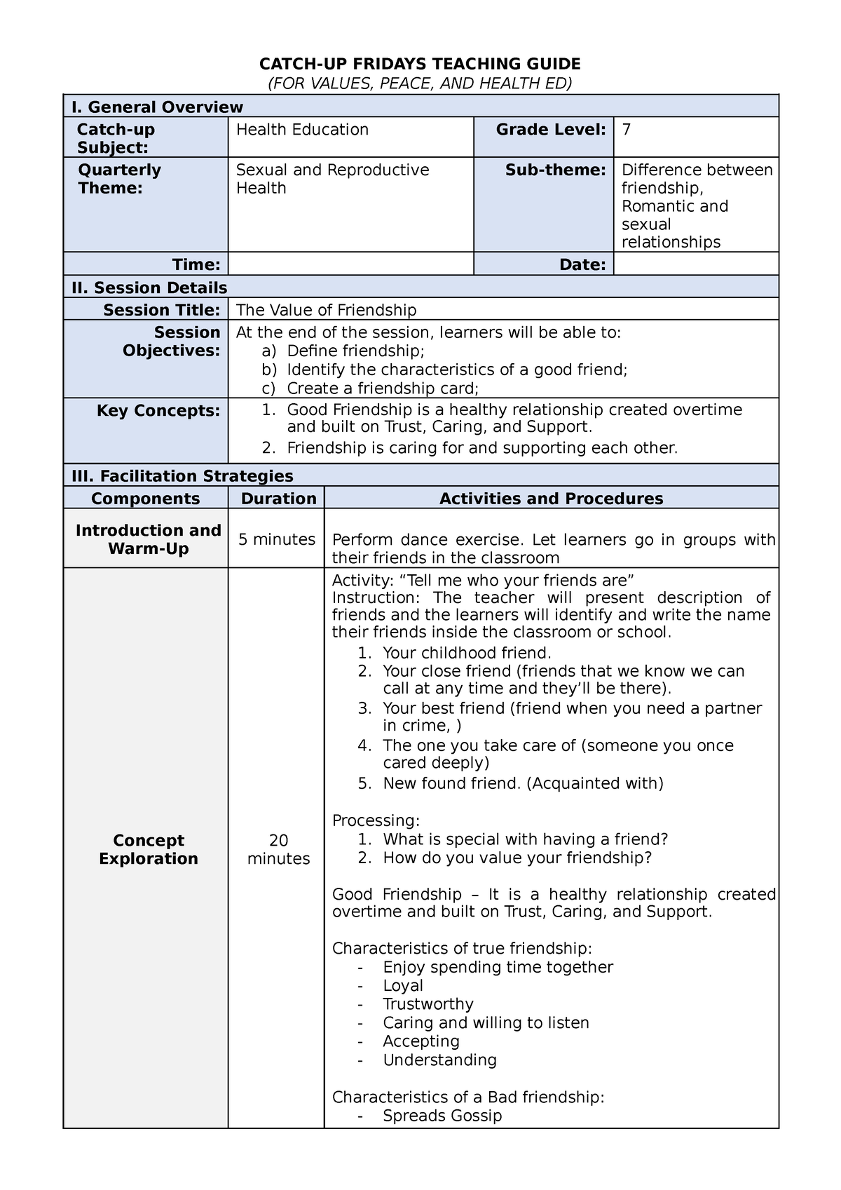 Teaching Guide Catchup Template Health Grade 7 - CATCH-UP FRIDAYS ...