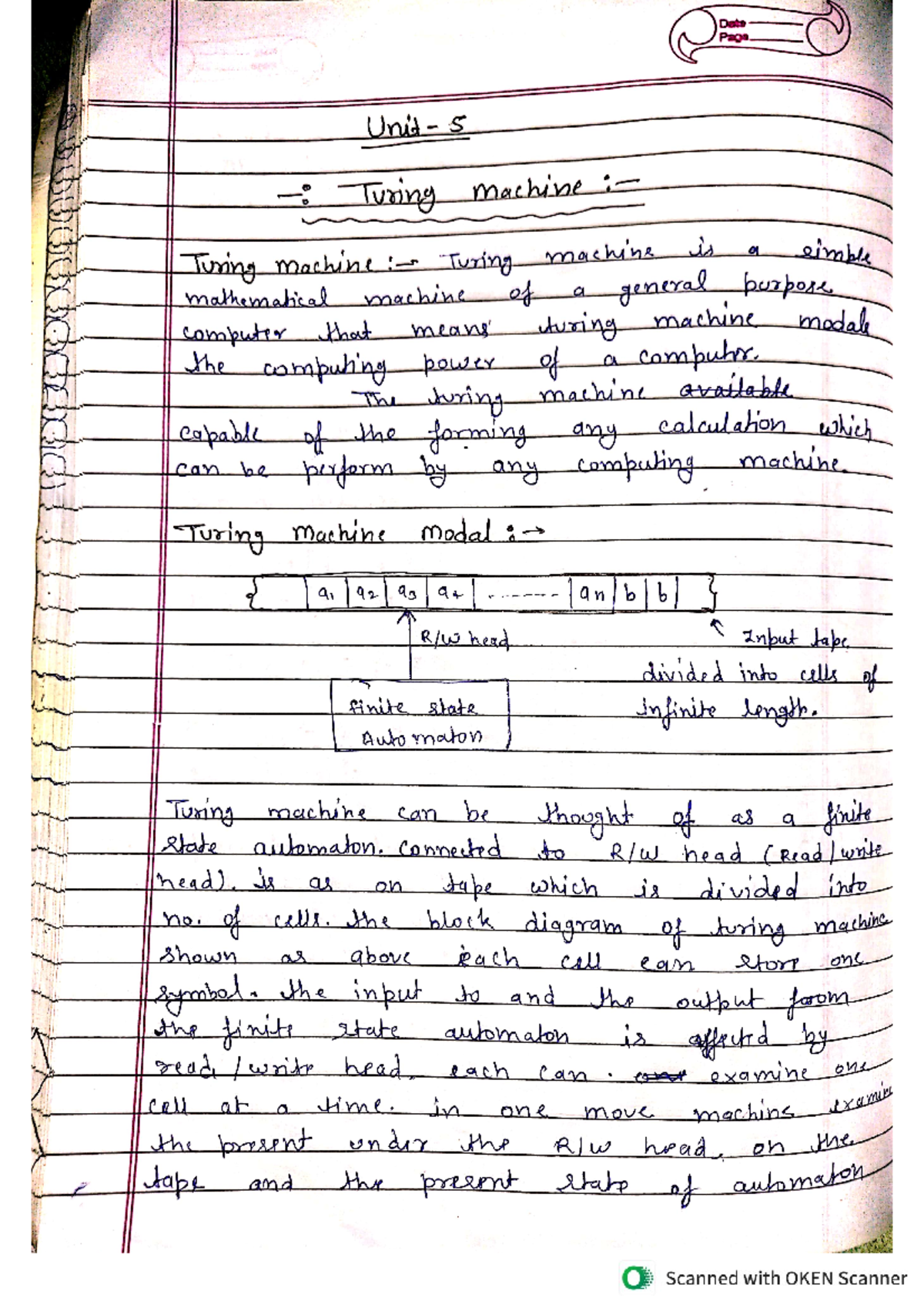 Java all unit short notes - Date Page 5 Turing machine Turing machine ...