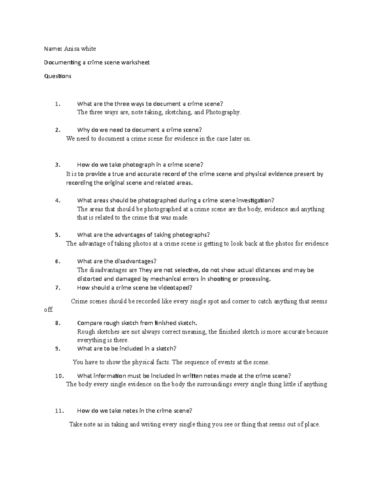 Documenting crime scene worksheet - Name: Anisa white Documenting a ...