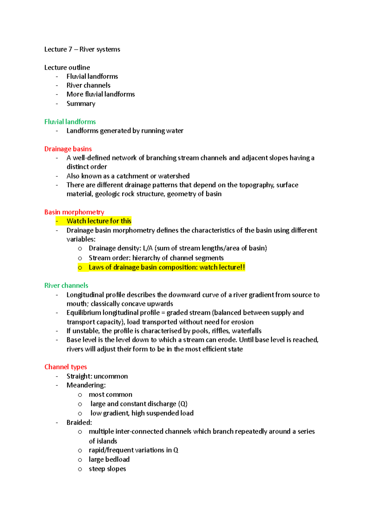 Lecture 7 - river systems - Lecture 7 – River systems Lecture outline ...