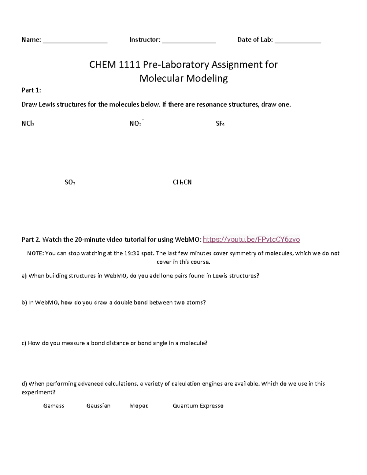 Prelab Molecular Modeling Name __________________ Instructor