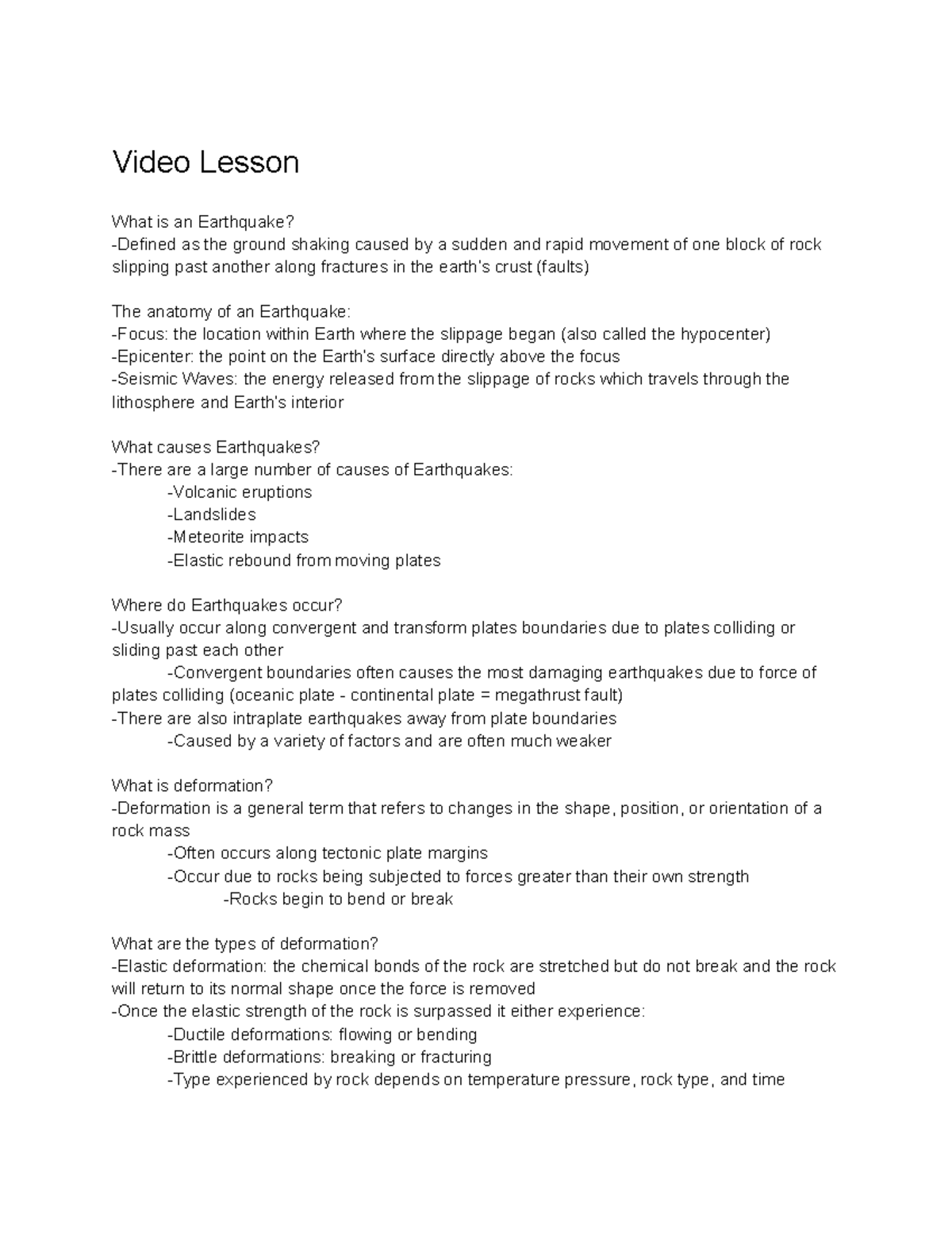 Module 6 Notes (Ch 4) - Video Lesson What is an Earthquake? -Defined as ...