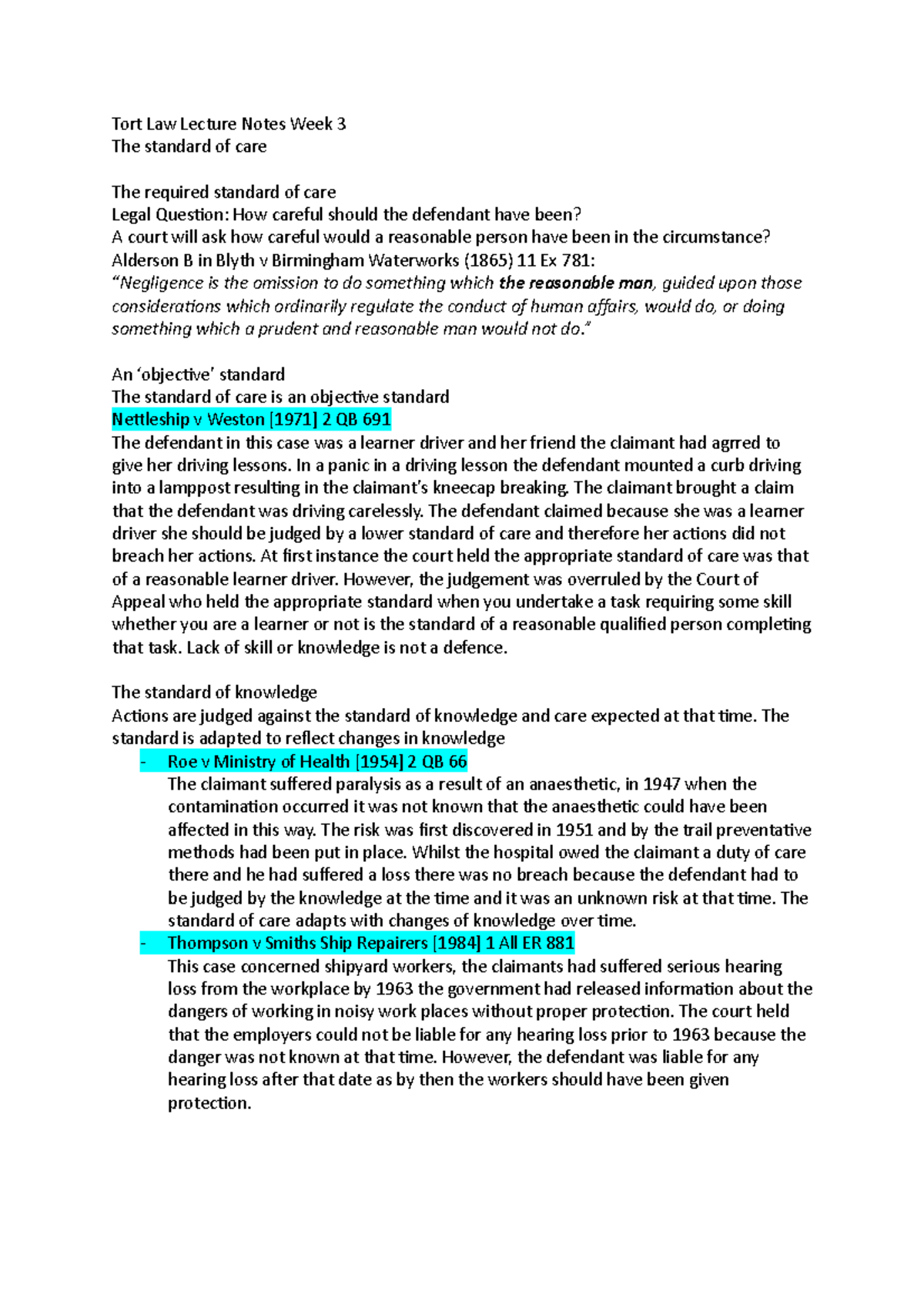 Tort Law Lecture Notes Week 3 - ” An ‘objective’ Standard The Standard ...