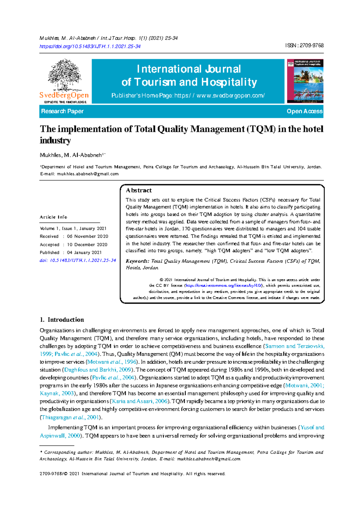 The implementation of Total Quality Management TQM - Volume 1, Issue 1 ...