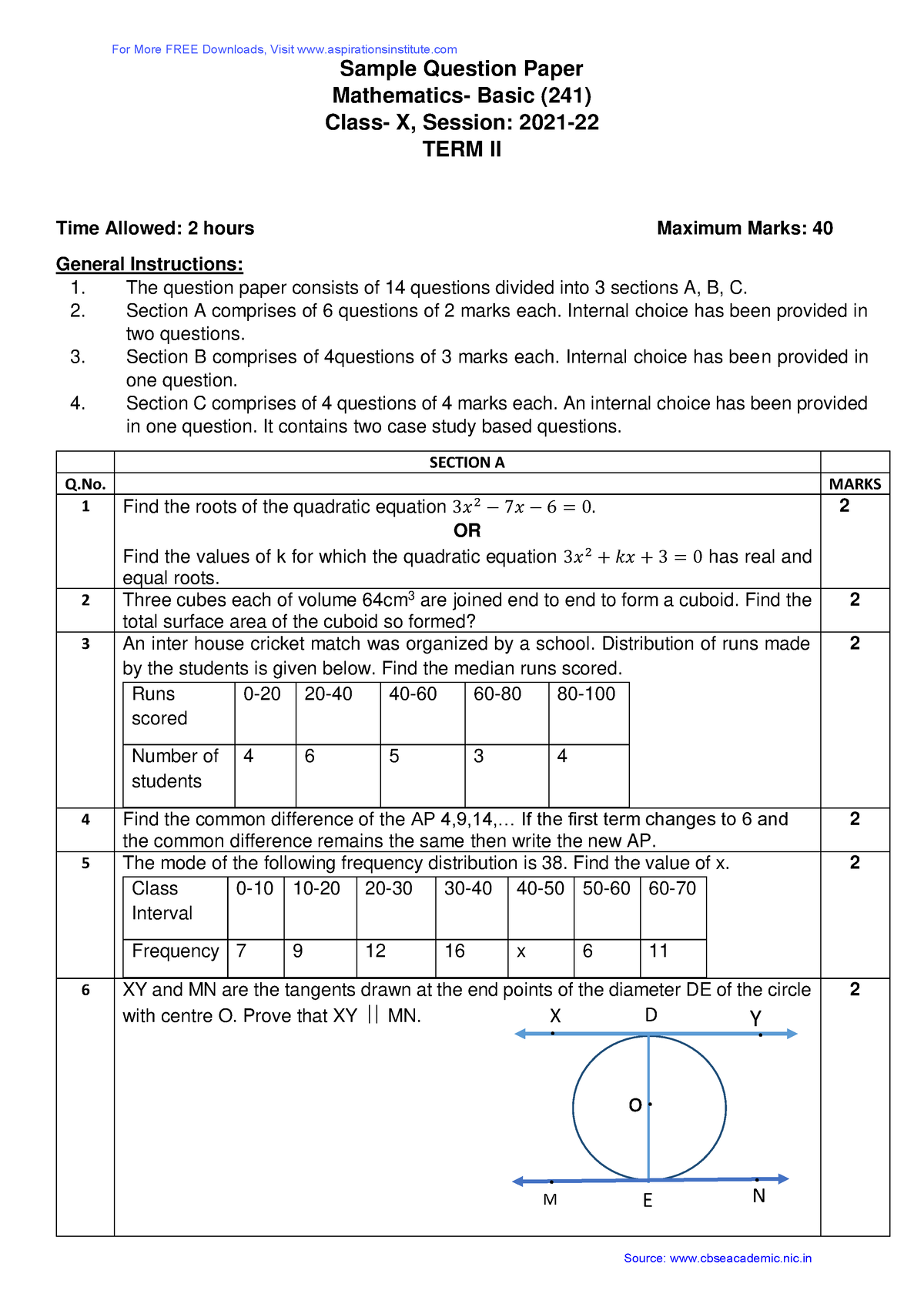 Cbse Sample Question Paper Term 2 2022 Class 10 Maths Basic Sample Question Paper Mathematics 0348