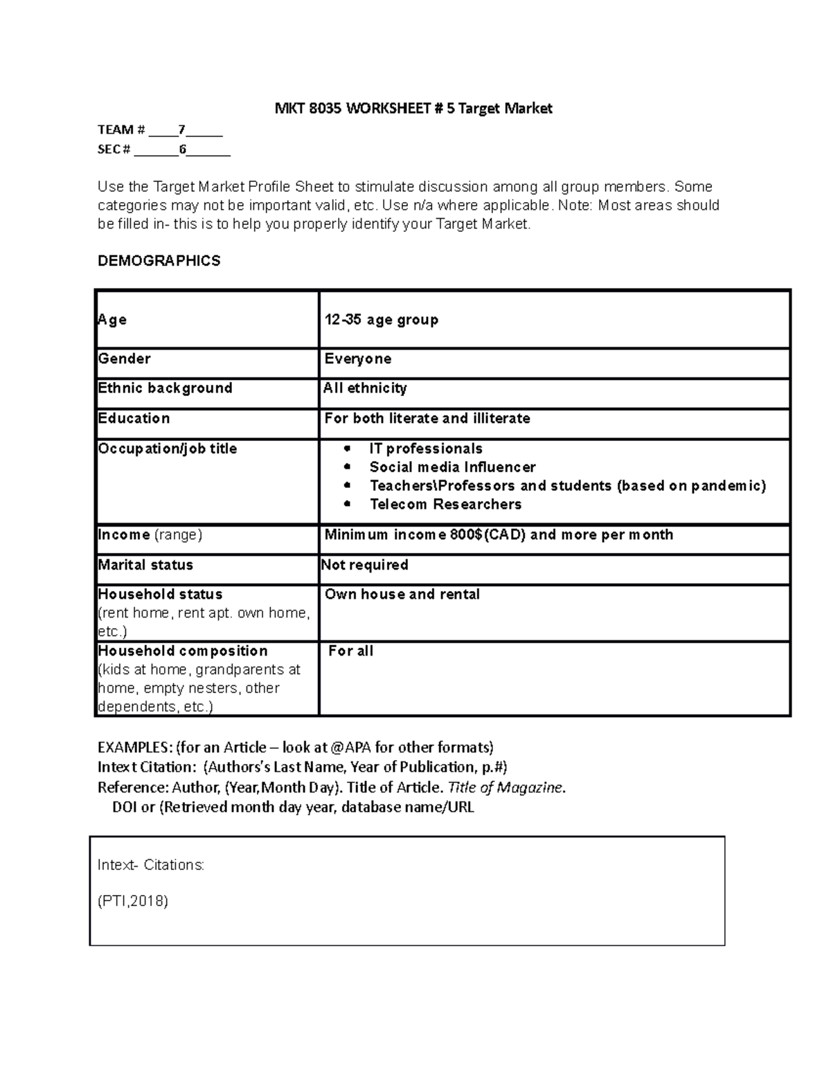 5- Target Market - lecture - MKT 8035 WORKSHEET # 5 Target Market TEAM ...