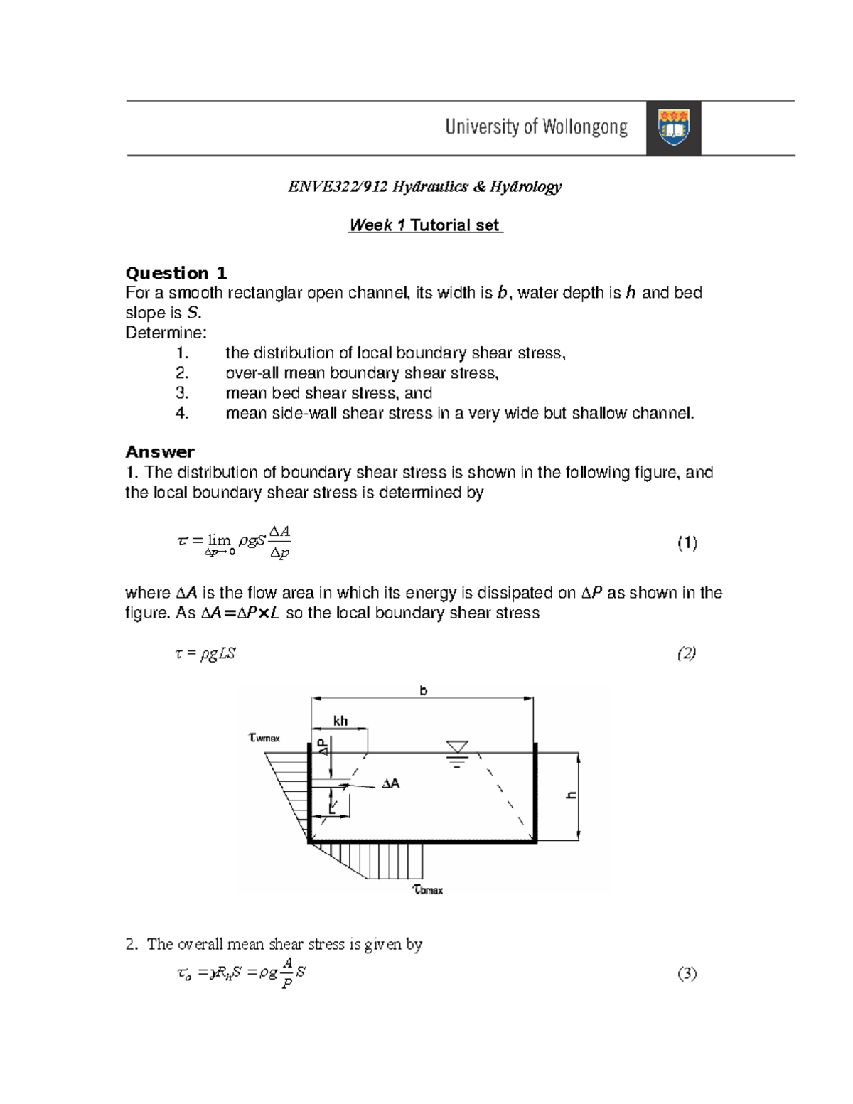 Tutorial work 1 solutions Hydraulics Hydrology Week 1 Tutorial