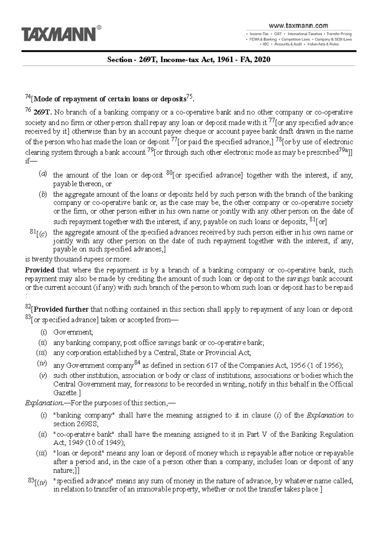 269T Section 269T Income tax Act 1961 FA 2020 74 Mode Of