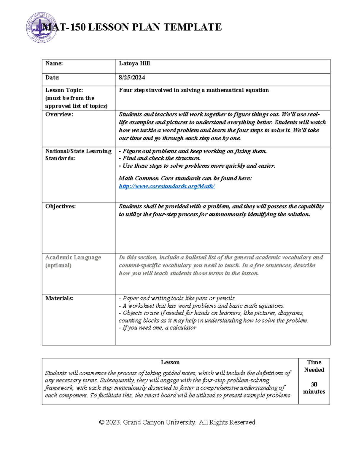MAT-150 Lesson Plan Template-Latoya hill - Name: Latoya Hill Date: 8/25 ...