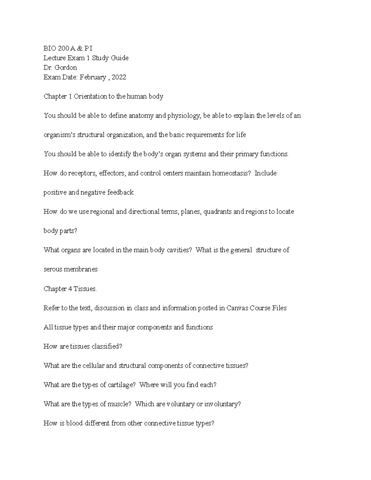Exam i study guide - BIO 200 A & P I Lecture Exam 1 Study Guide Dr ...