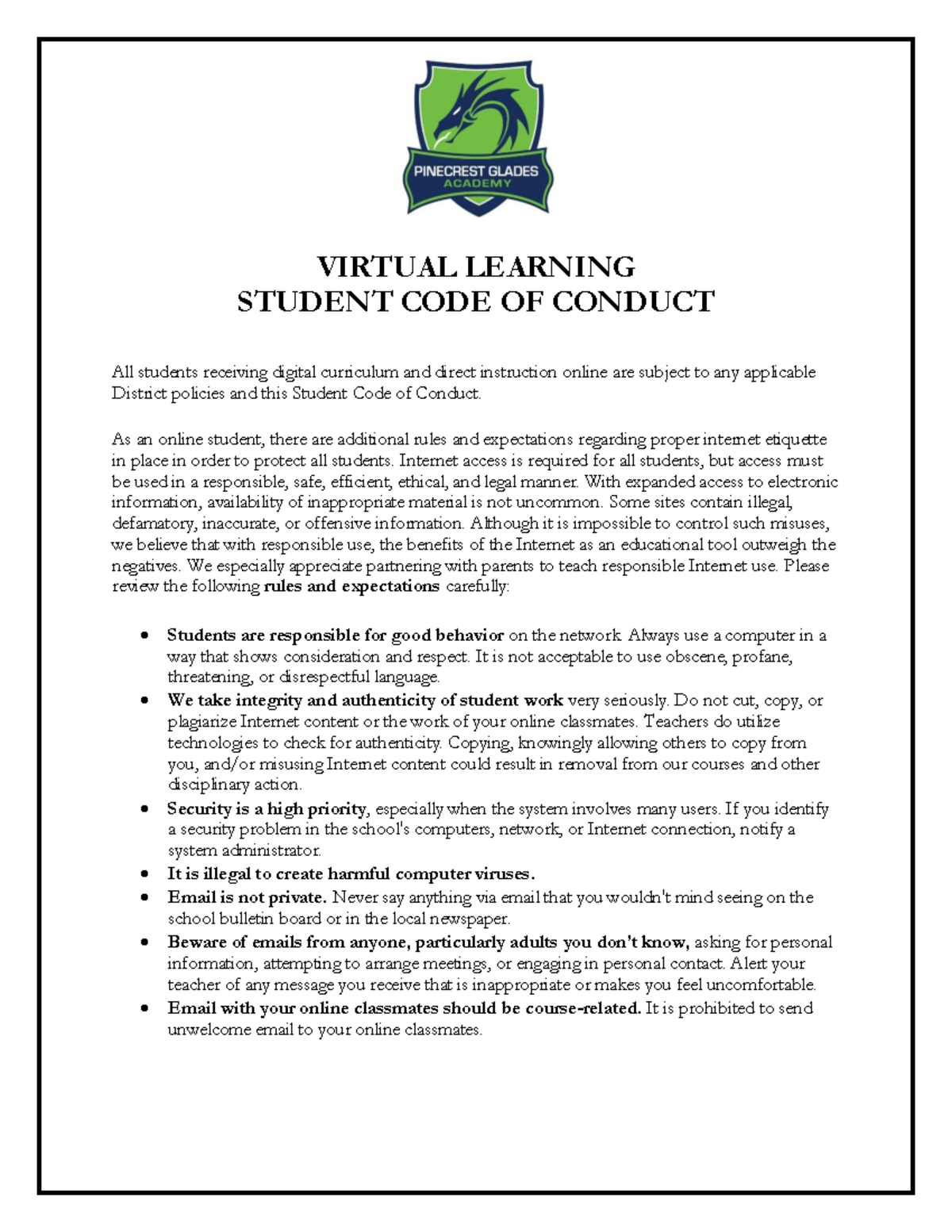 Code of Student Conduct - PGA Digital - VIRTUAL LEARNING STUDENT CODE ...