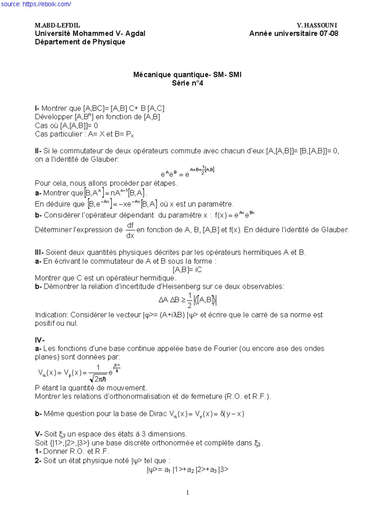 Mécanique Quantique 1 —– CORRIGÉ - M-LEFDIL Y. HASSOUNI Université ...